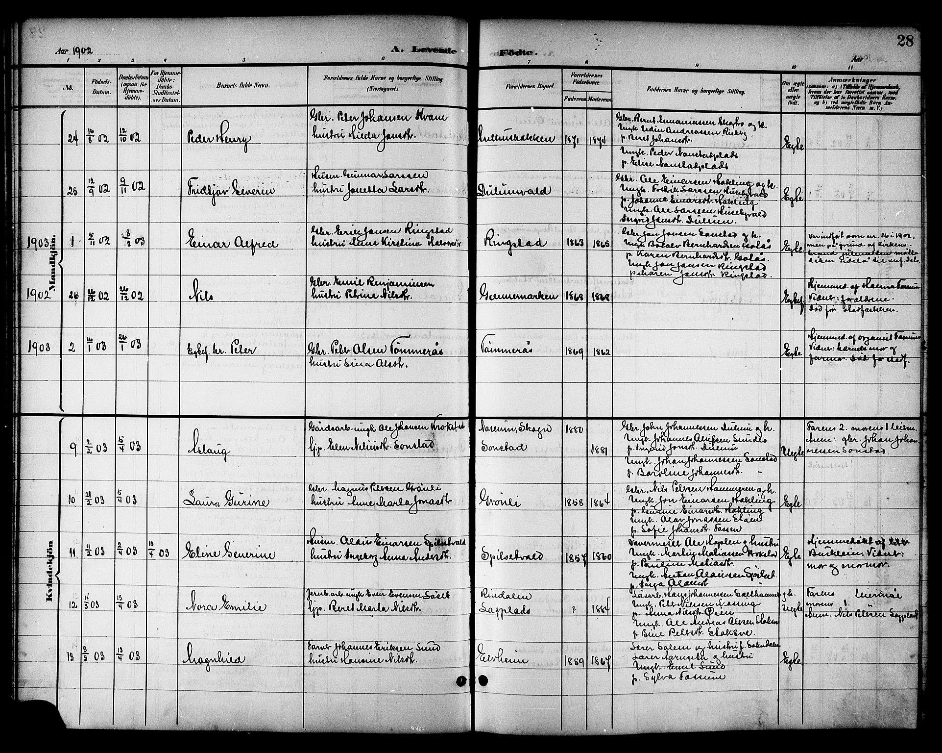 Ministerialprotokoller, klokkerbøker og fødselsregistre - Nord-Trøndelag, SAT/A-1458/714/L0135: Parish register (copy) no. 714C04, 1899-1918, p. 28