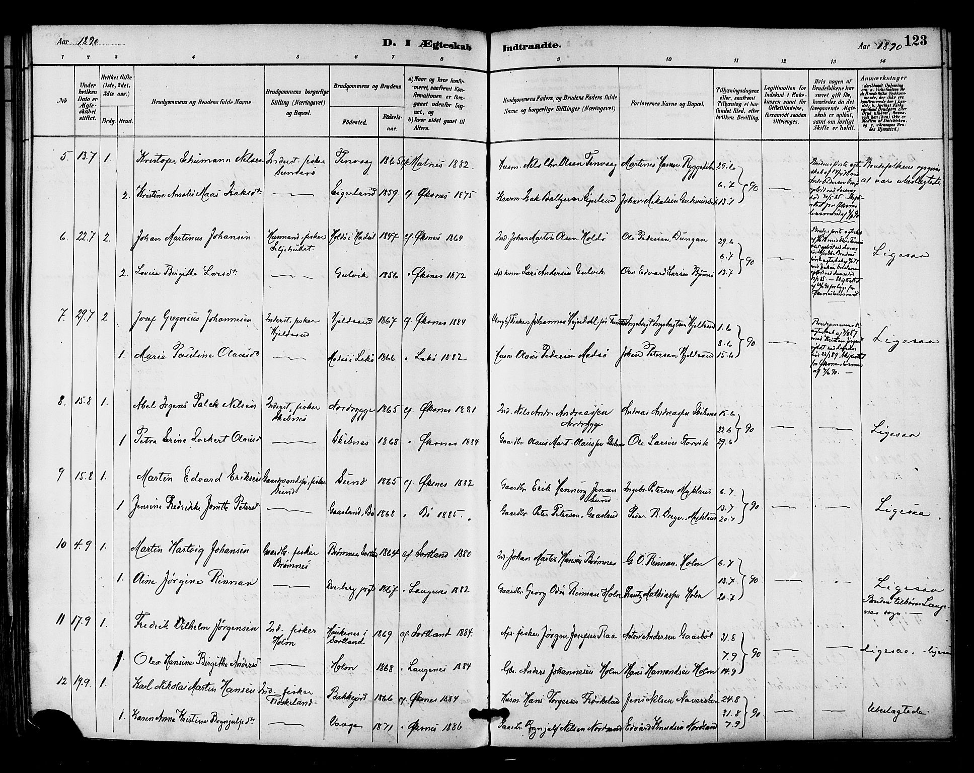 Ministerialprotokoller, klokkerbøker og fødselsregistre - Nordland, AV/SAT-A-1459/893/L1337: Parish register (official) no. 893A09, 1885-1893, p. 123