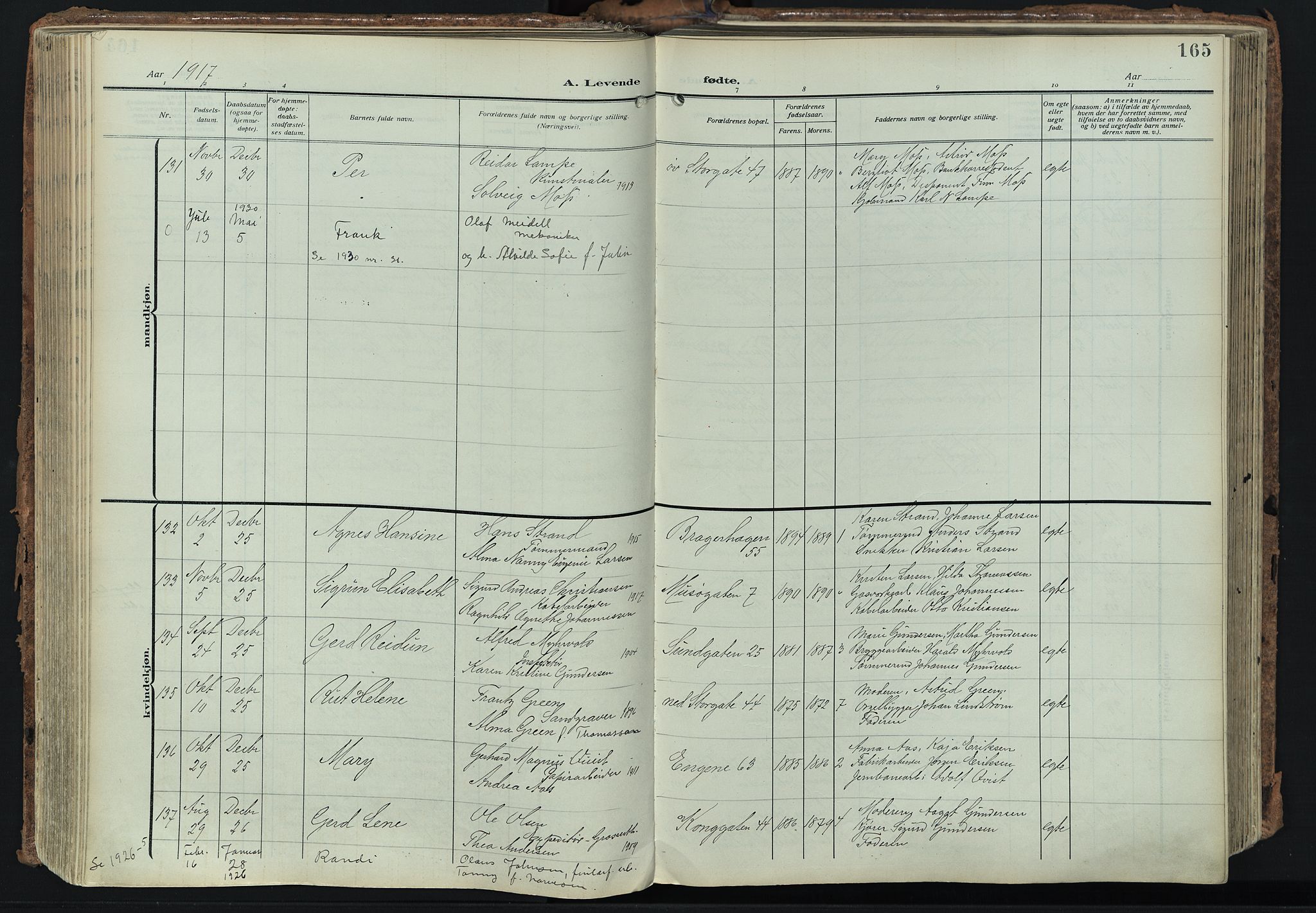 Bragernes kirkebøker, SAKO/A-6/F/Fb/L0010: Parish register (official) no. II 10, 1911-1922, p. 165