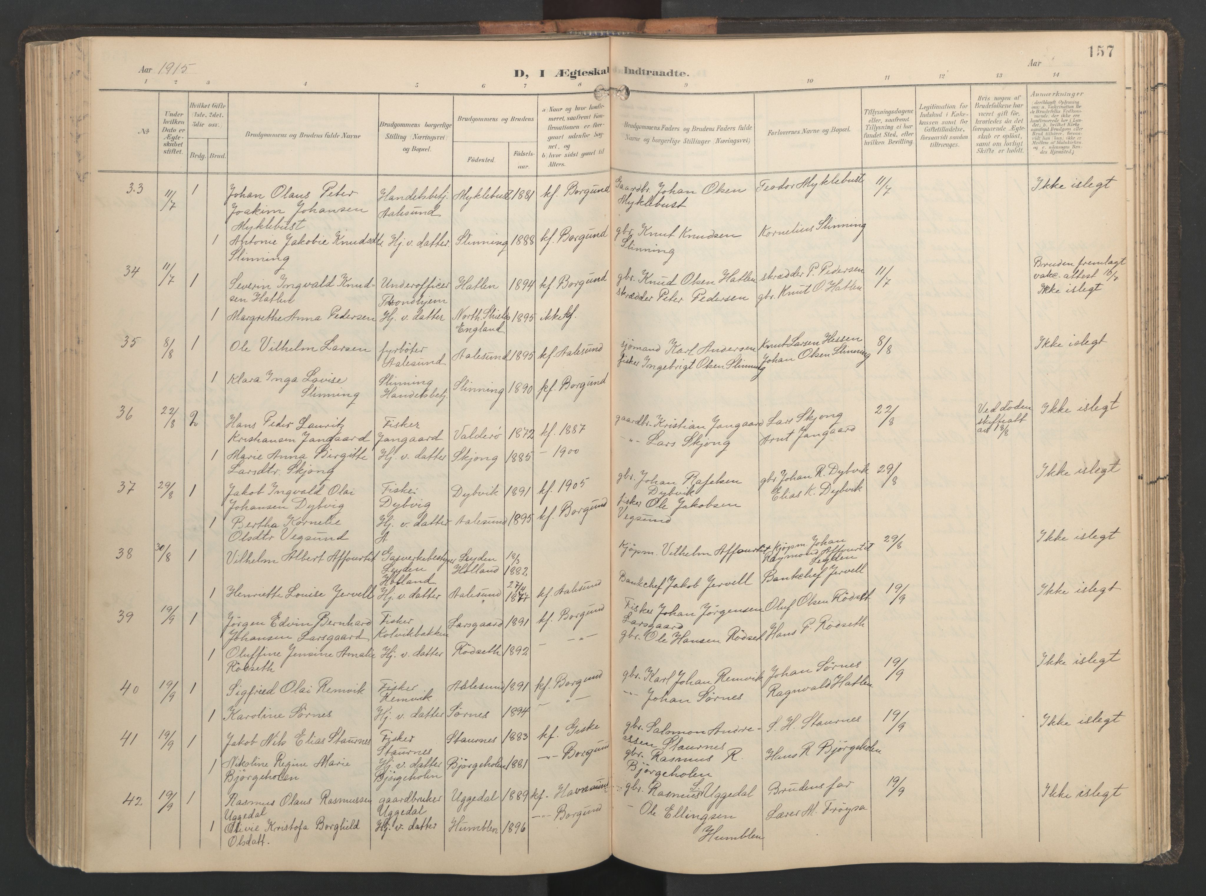 Ministerialprotokoller, klokkerbøker og fødselsregistre - Møre og Romsdal, AV/SAT-A-1454/528/L0433: Parish register (copy) no. 528C14, 1899-1922, p. 157