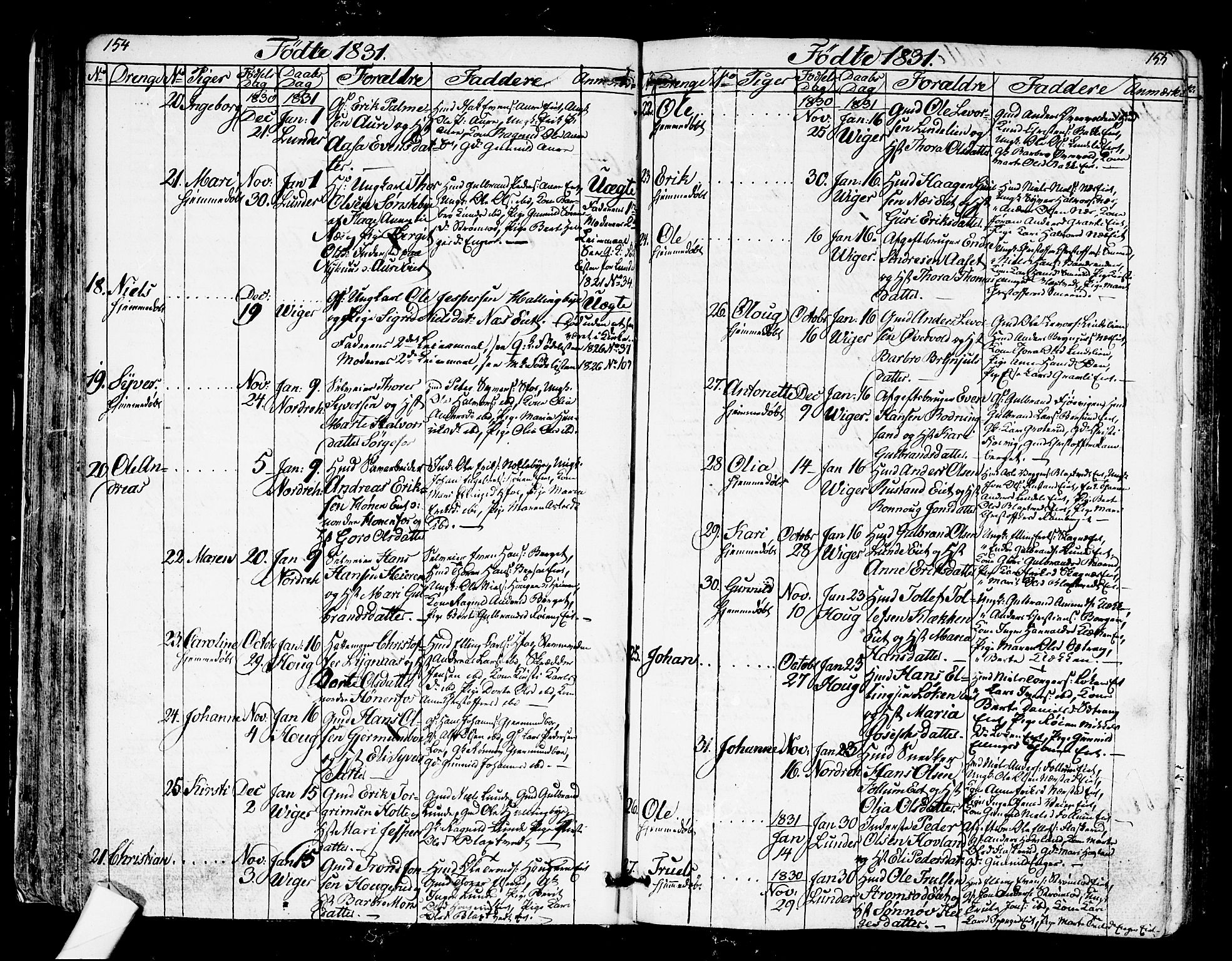 Norderhov kirkebøker, AV/SAKO-A-237/G/Ga/L0004: Parish register (copy) no. I 4, 1824-1849, p. 154-155