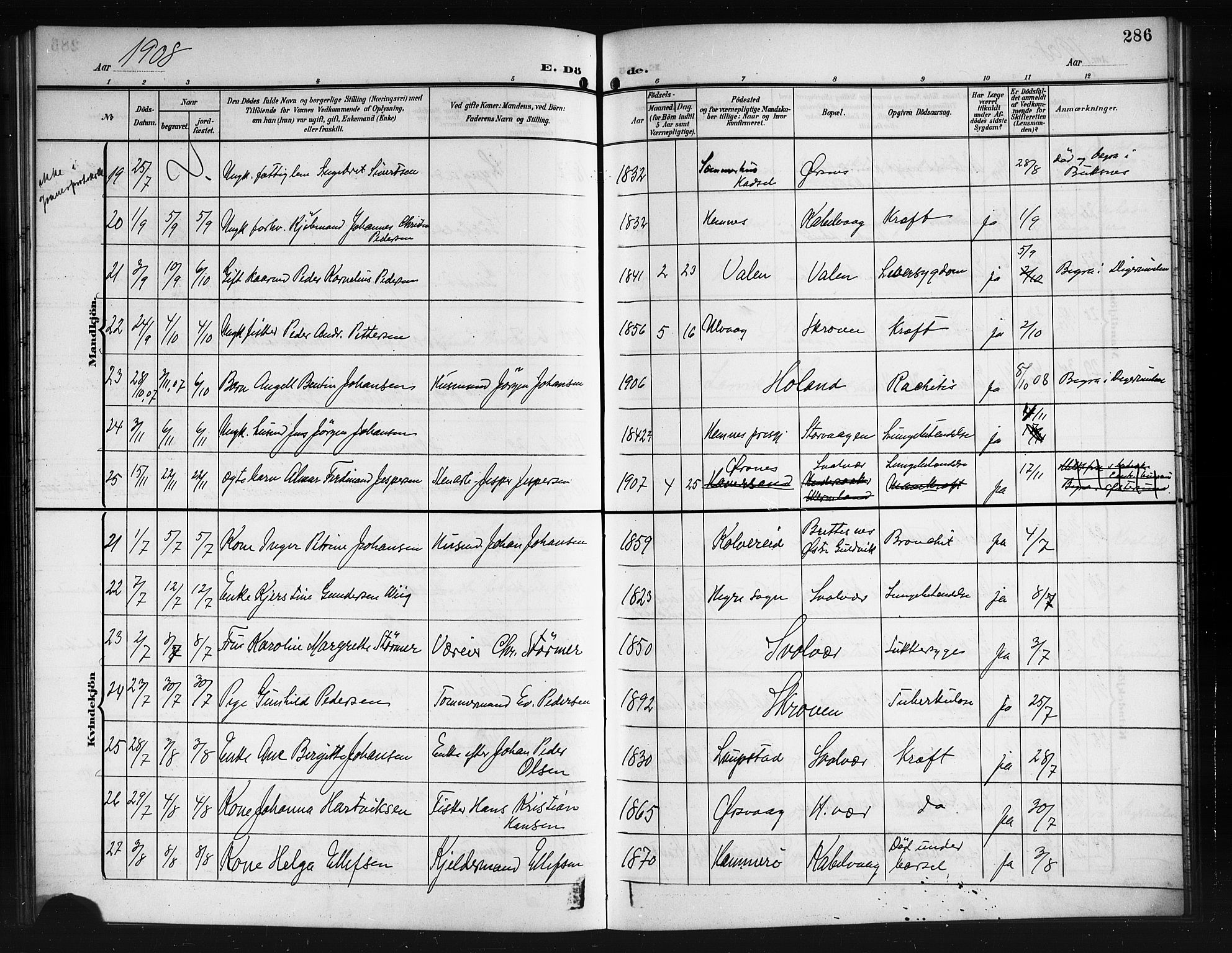 Ministerialprotokoller, klokkerbøker og fødselsregistre - Nordland, AV/SAT-A-1459/874/L1079: Parish register (copy) no. 874C08, 1907-1915, p. 286