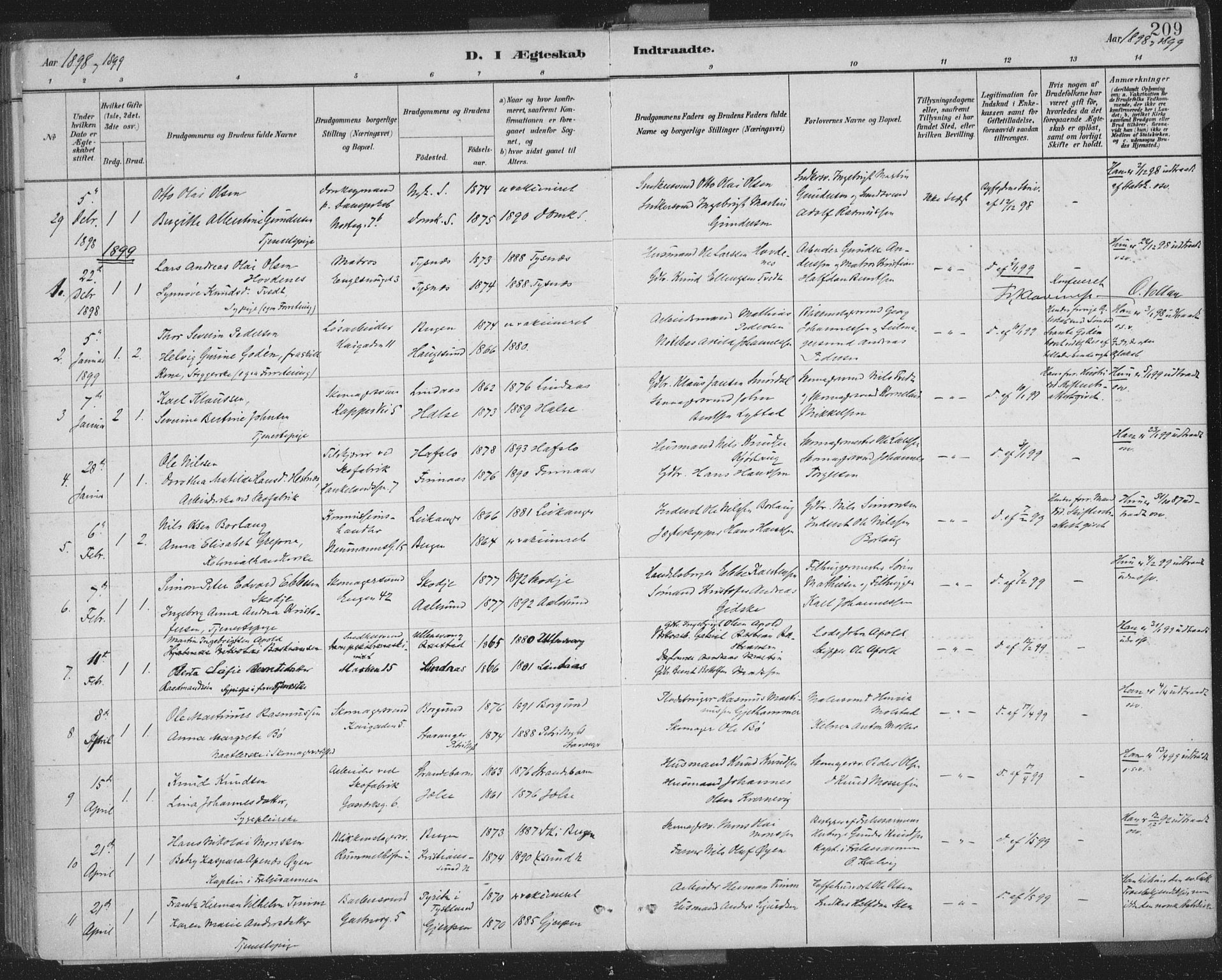 Domkirken sokneprestembete, SAB/A-74801/H/Hab/L0032: Parish register (copy) no. D 4, 1880-1907, p. 209