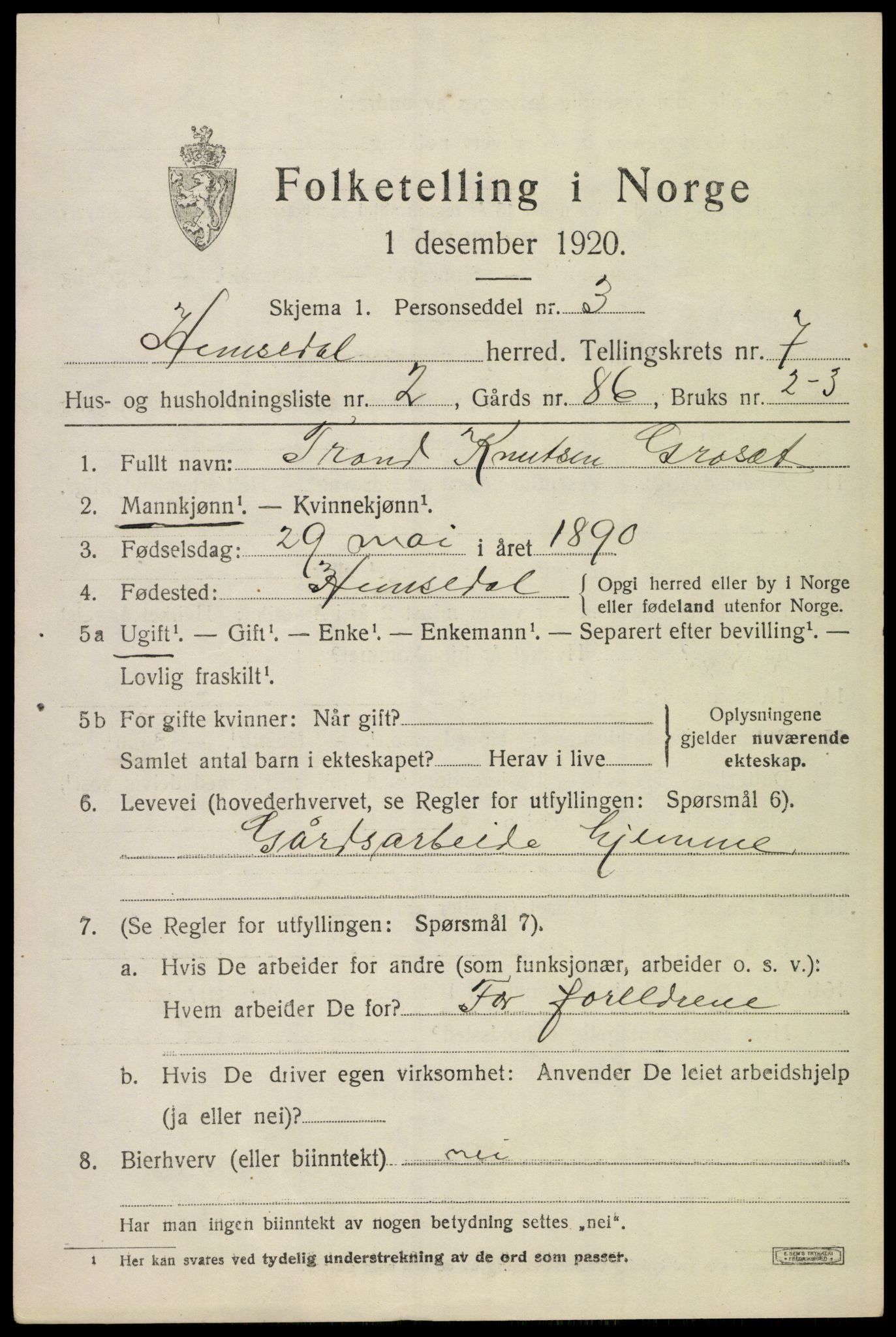 SAKO, 1920 census for Hemsedal, 1920, p. 2960