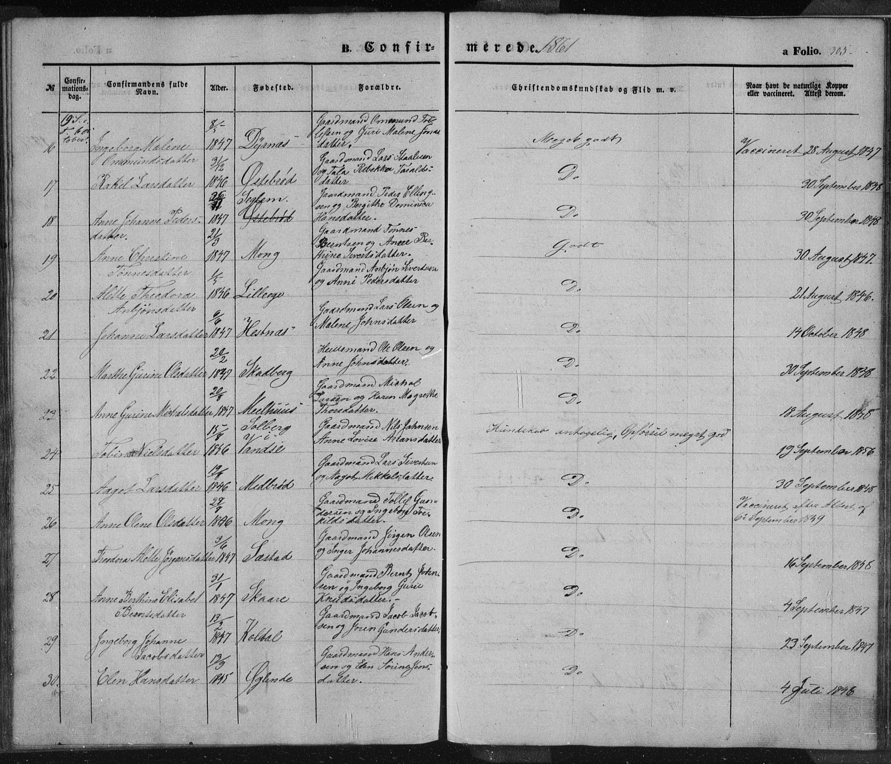 Eigersund sokneprestkontor, AV/SAST-A-101807/S08/L0012: Parish register (official) no. A 12.1, 1850-1865, p. 305