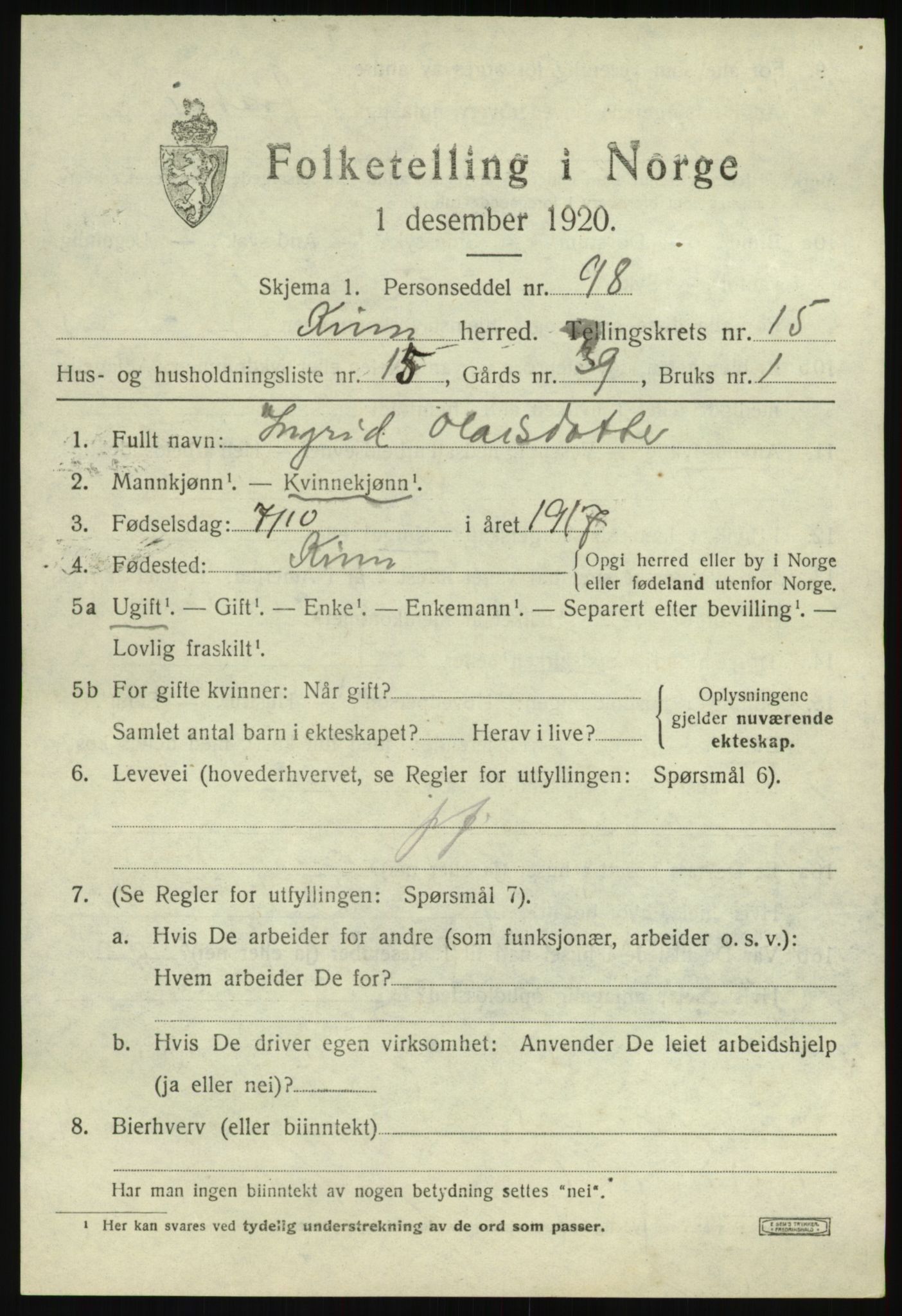 SAB, 1920 census for Kinn, 1920, p. 5537