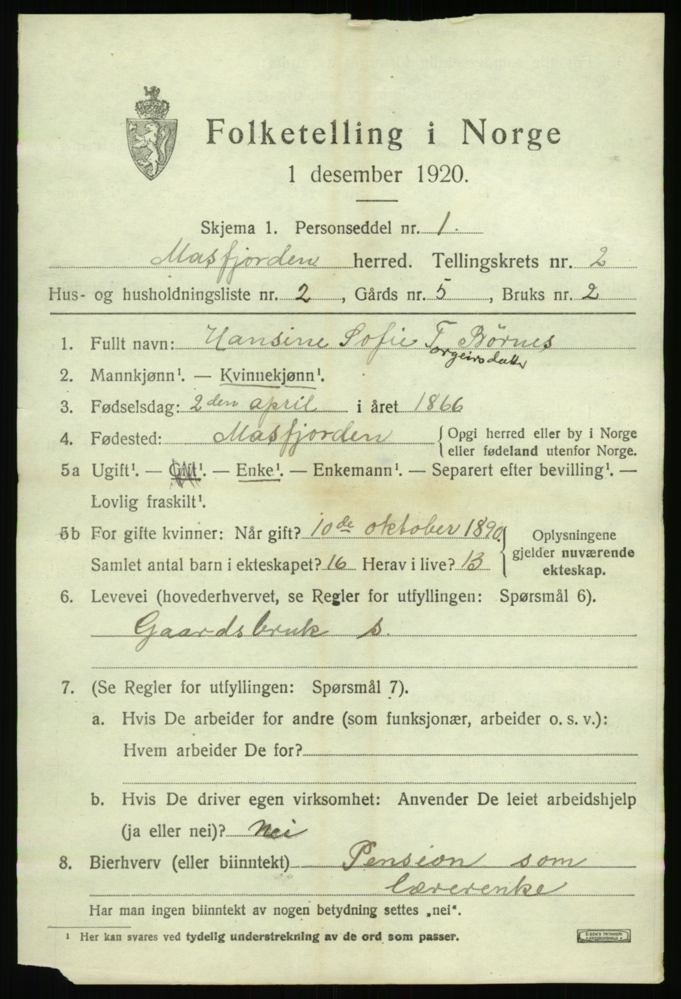 SAB, 1920 census for Masfjorden, 1920, p. 1017