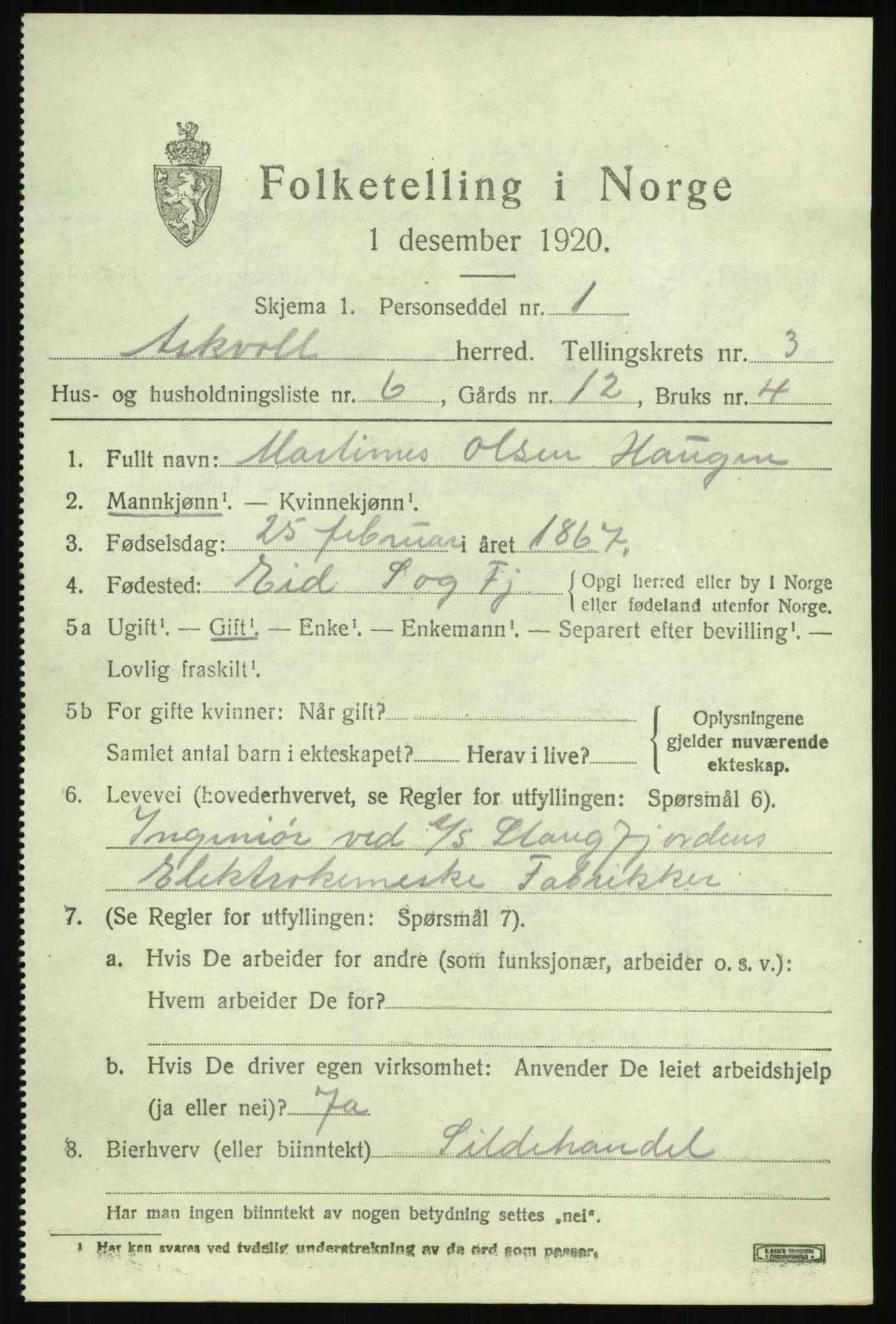 SAB, 1920 census for Askvoll, 1920, p. 2174