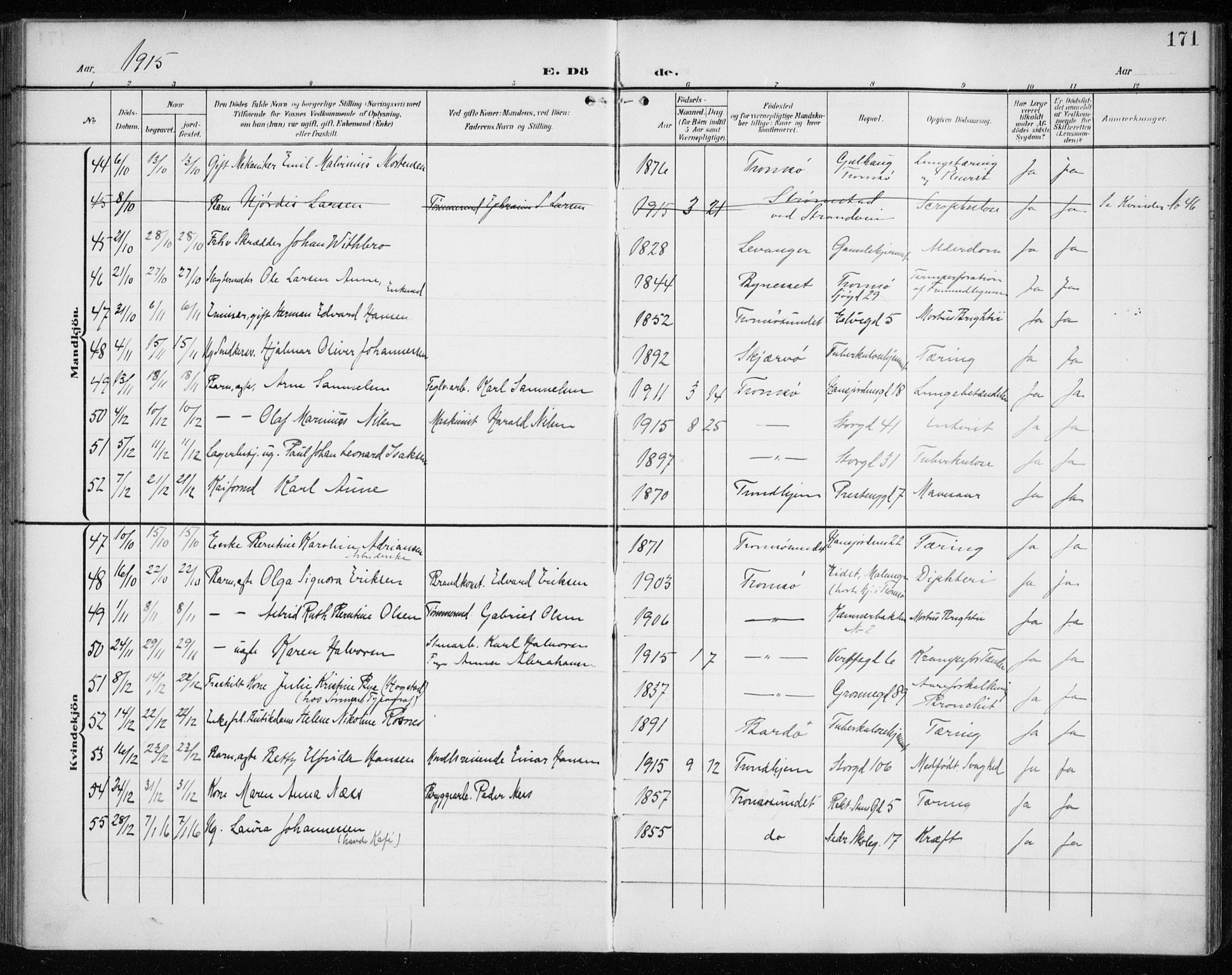 Tromsø sokneprestkontor/stiftsprosti/domprosti, AV/SATØ-S-1343/G/Ga/L0018kirke: Parish register (official) no. 18, 1907-1917, p. 171