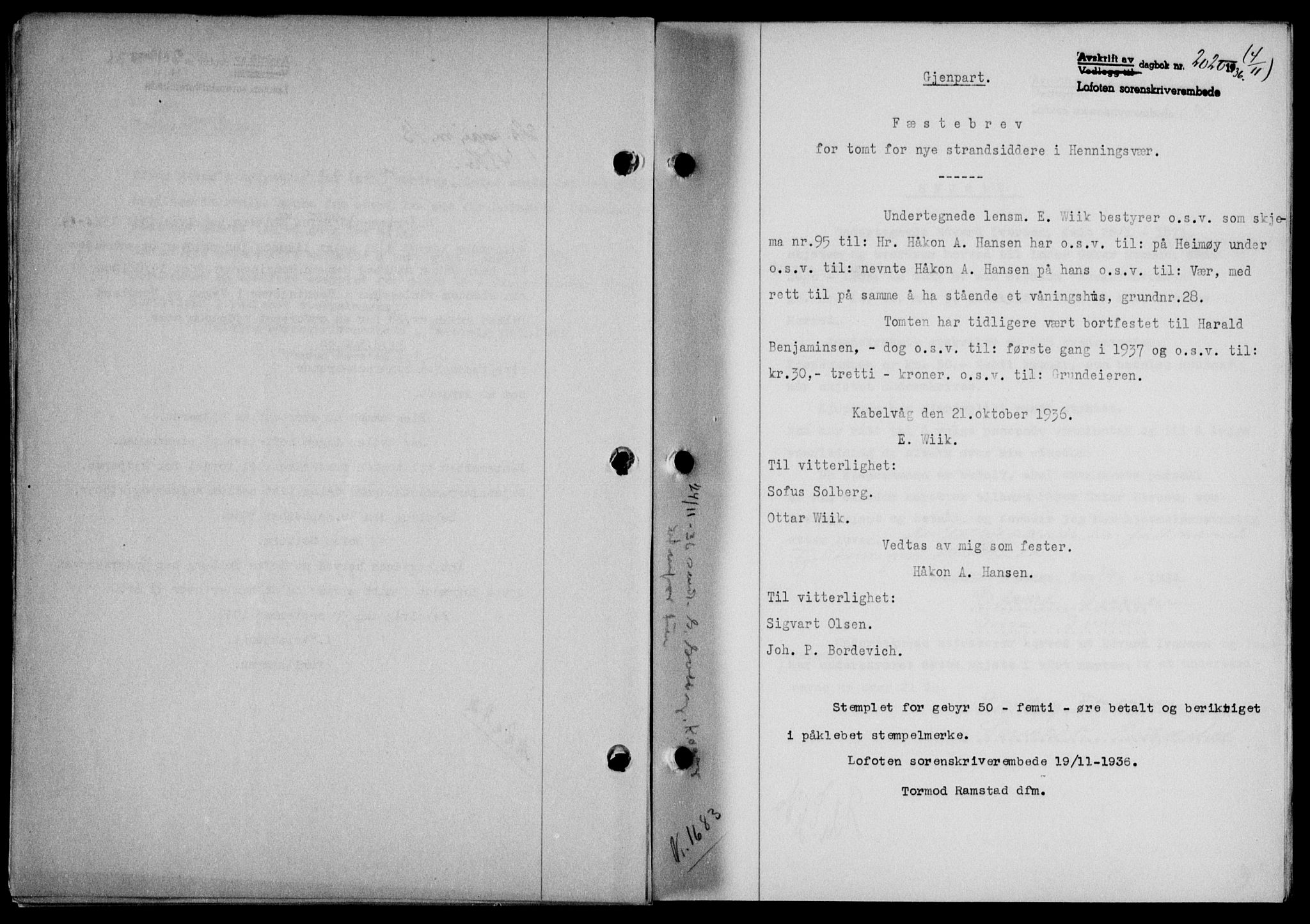 Lofoten sorenskriveri, SAT/A-0017/1/2/2C/L0001a: Mortgage book no. 1a, 1936-1937, Diary no: : 2020/1936