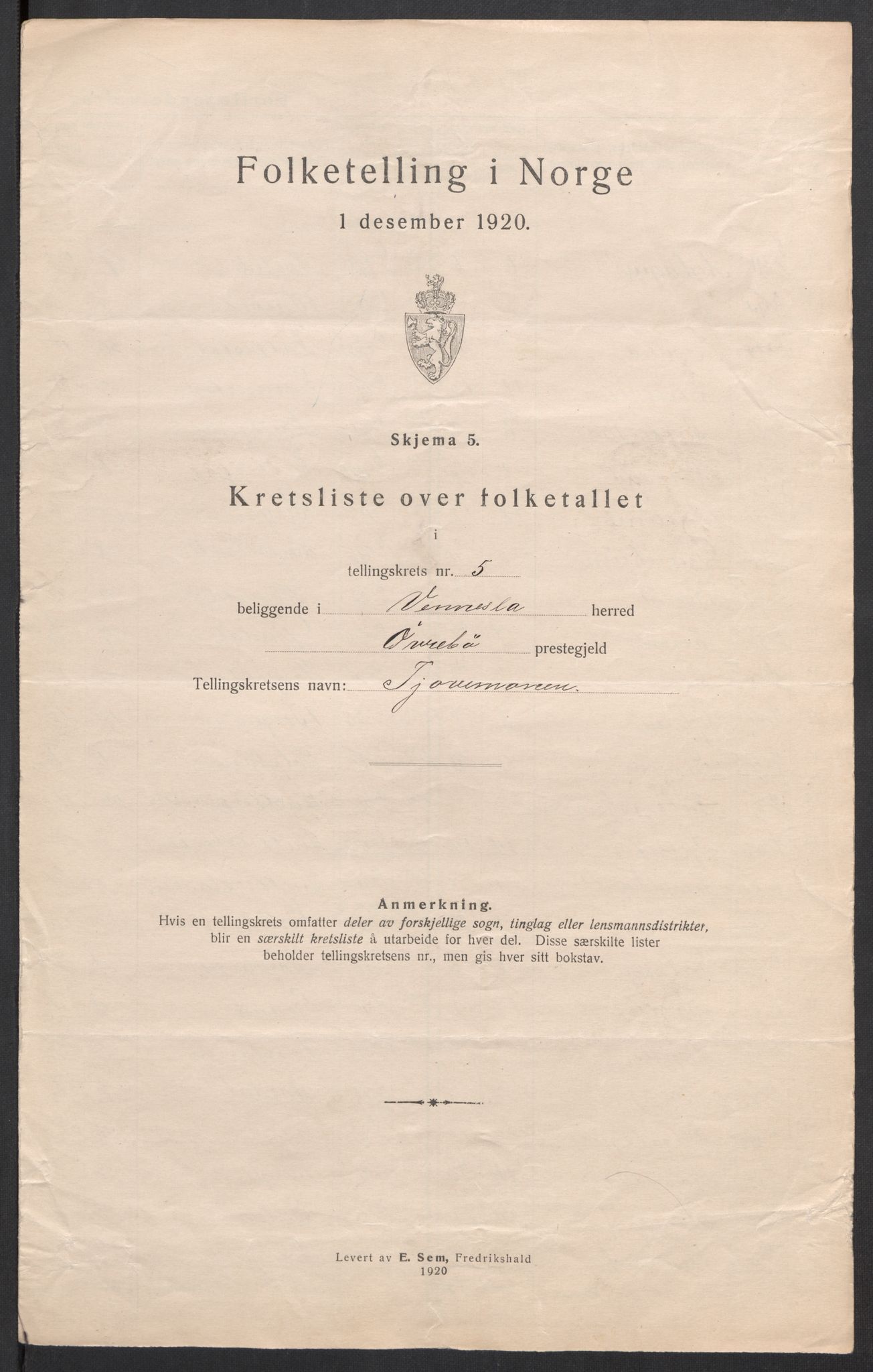 SAK, 1920 census for Vennesla, 1920, p. 19