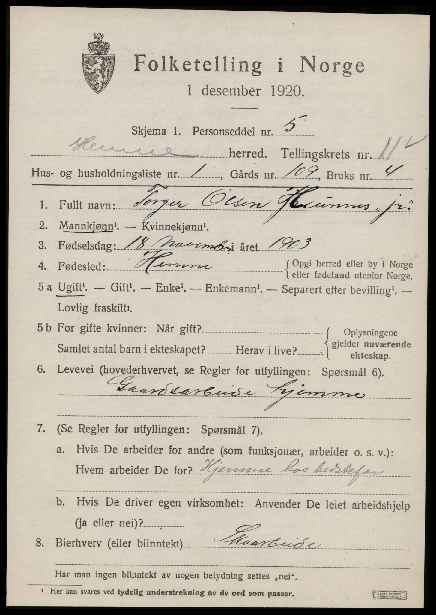 SAT, 1920 census for Hemne, 1920, p. 6514