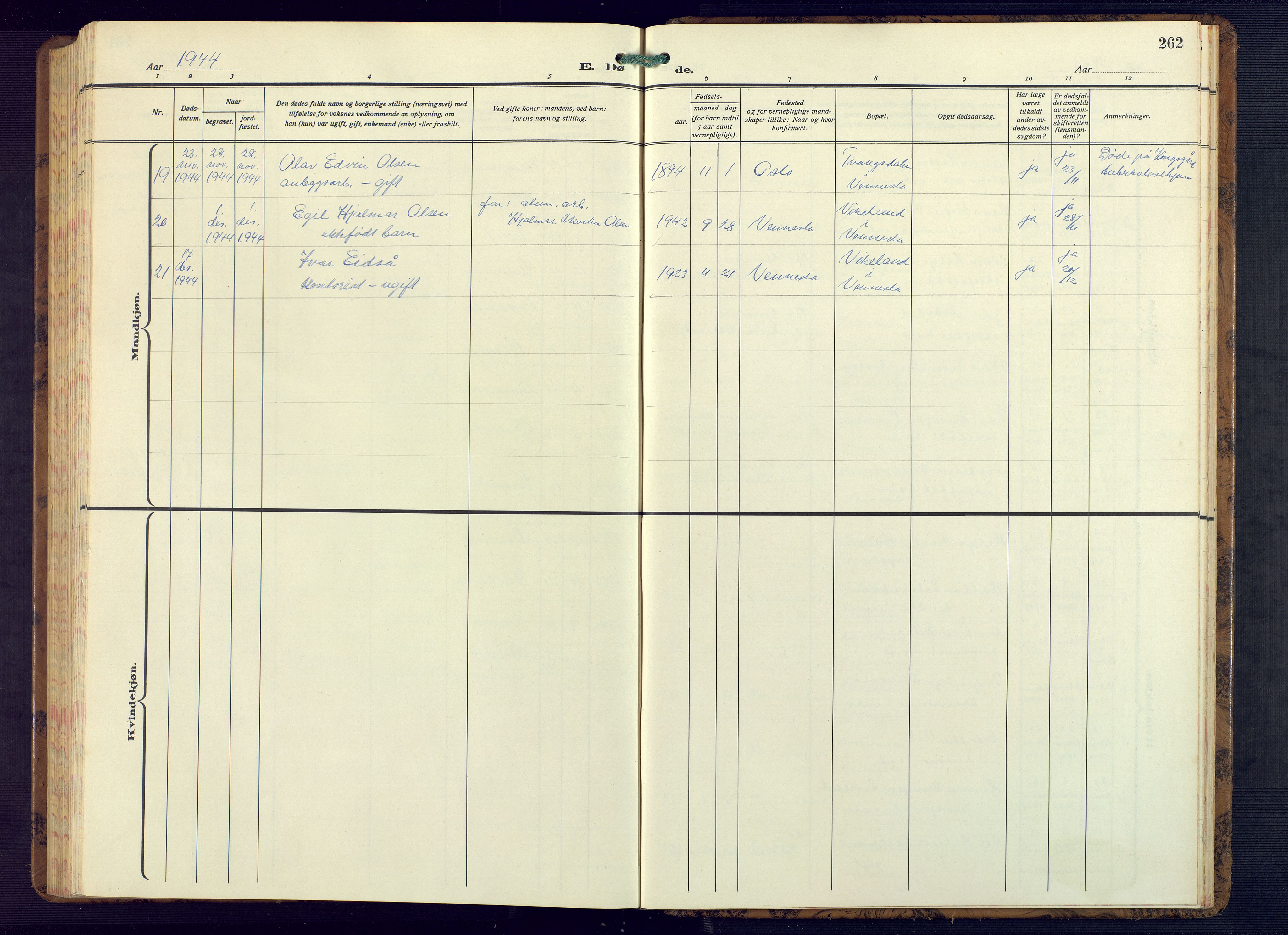 Vennesla sokneprestkontor, AV/SAK-1111-0045/Fb/Fbb/L0008: Parish register (copy) no. B 8, 1934-1947, p. 262