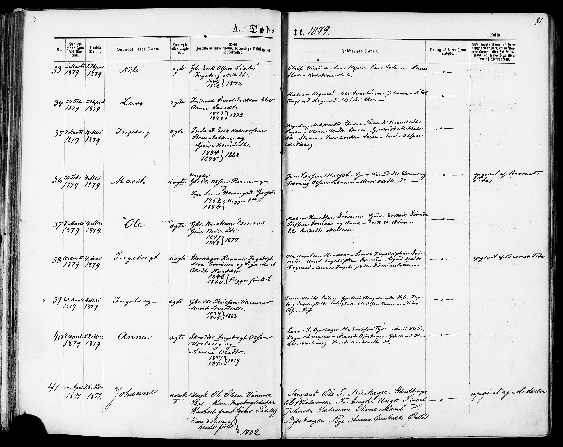 Ministerialprotokoller, klokkerbøker og fødselsregistre - Sør-Trøndelag, AV/SAT-A-1456/678/L0900: Parish register (official) no. 678A09, 1872-1881, p. 81