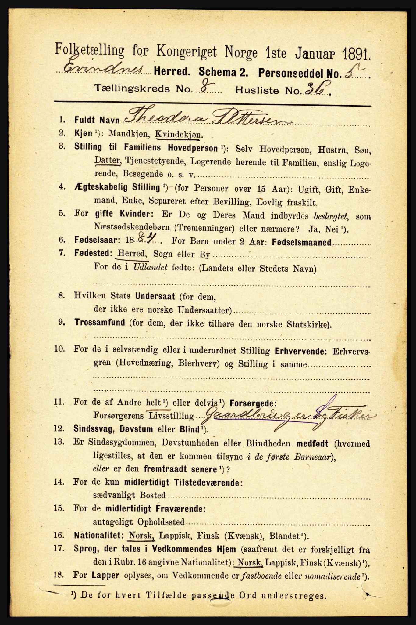 RA, 1891 census for 1853 Evenes, 1891, p. 2755