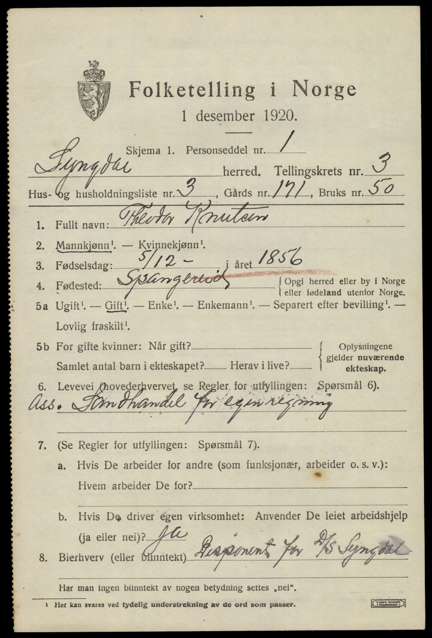 SAK, 1920 census for Lyngdal, 1920, p. 1937