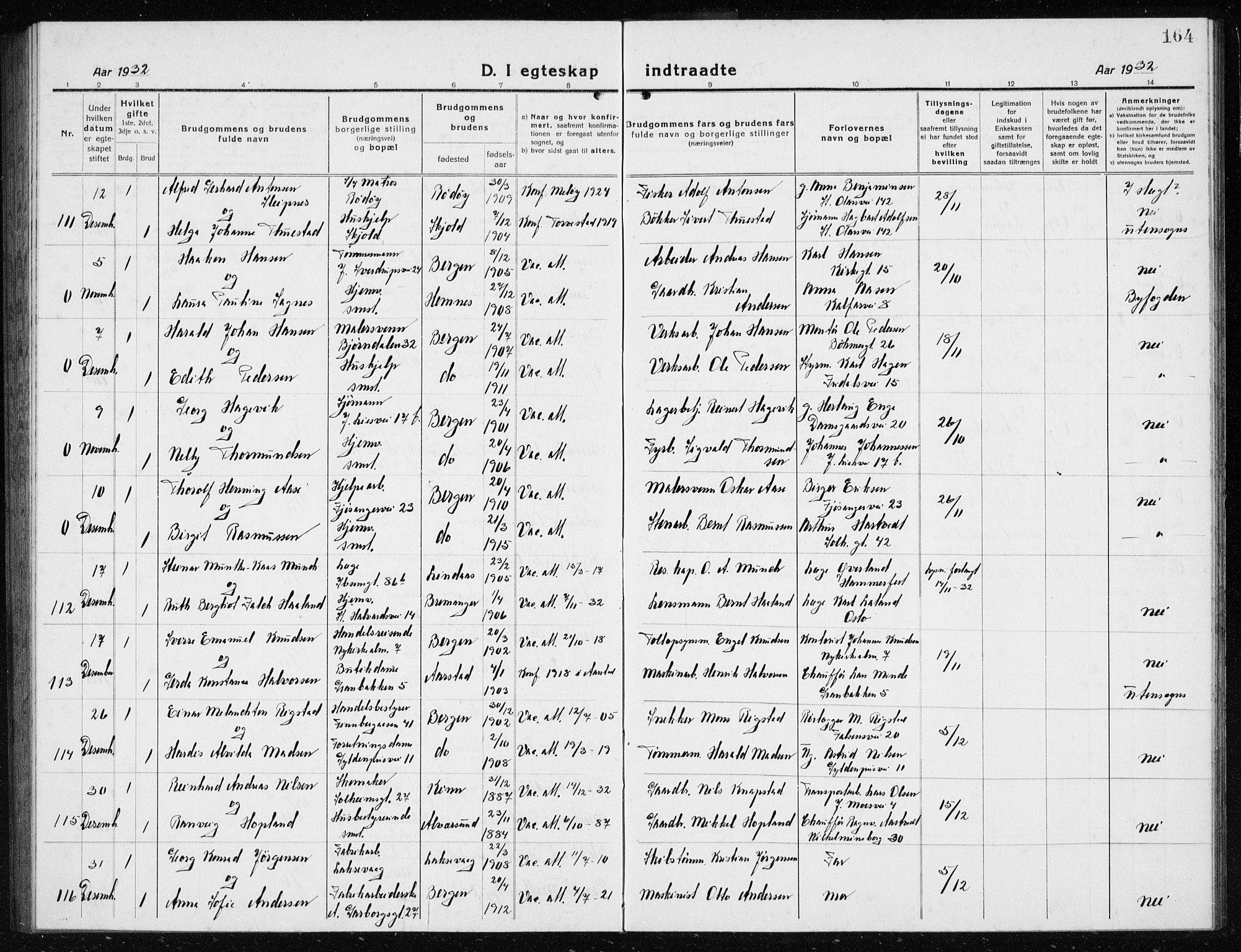 Årstad Sokneprestembete, AV/SAB-A-79301/H/Hab/L0020: Parish register (copy) no. C  2, 1920-1935, p. 164