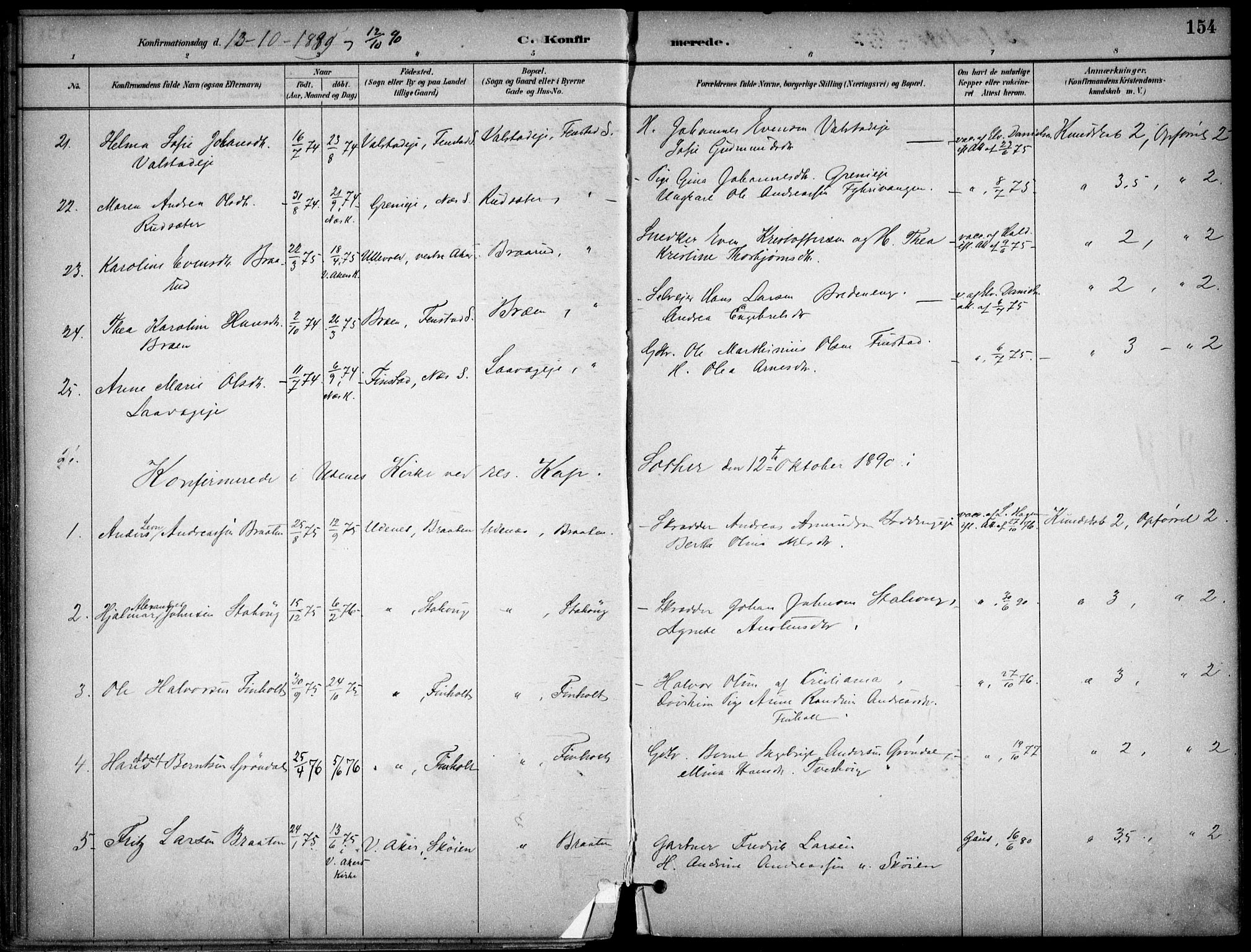 Nes prestekontor Kirkebøker, AV/SAO-A-10410/F/Fc/L0002: Parish register (official) no. IIi 2, 1882-1916, p. 154