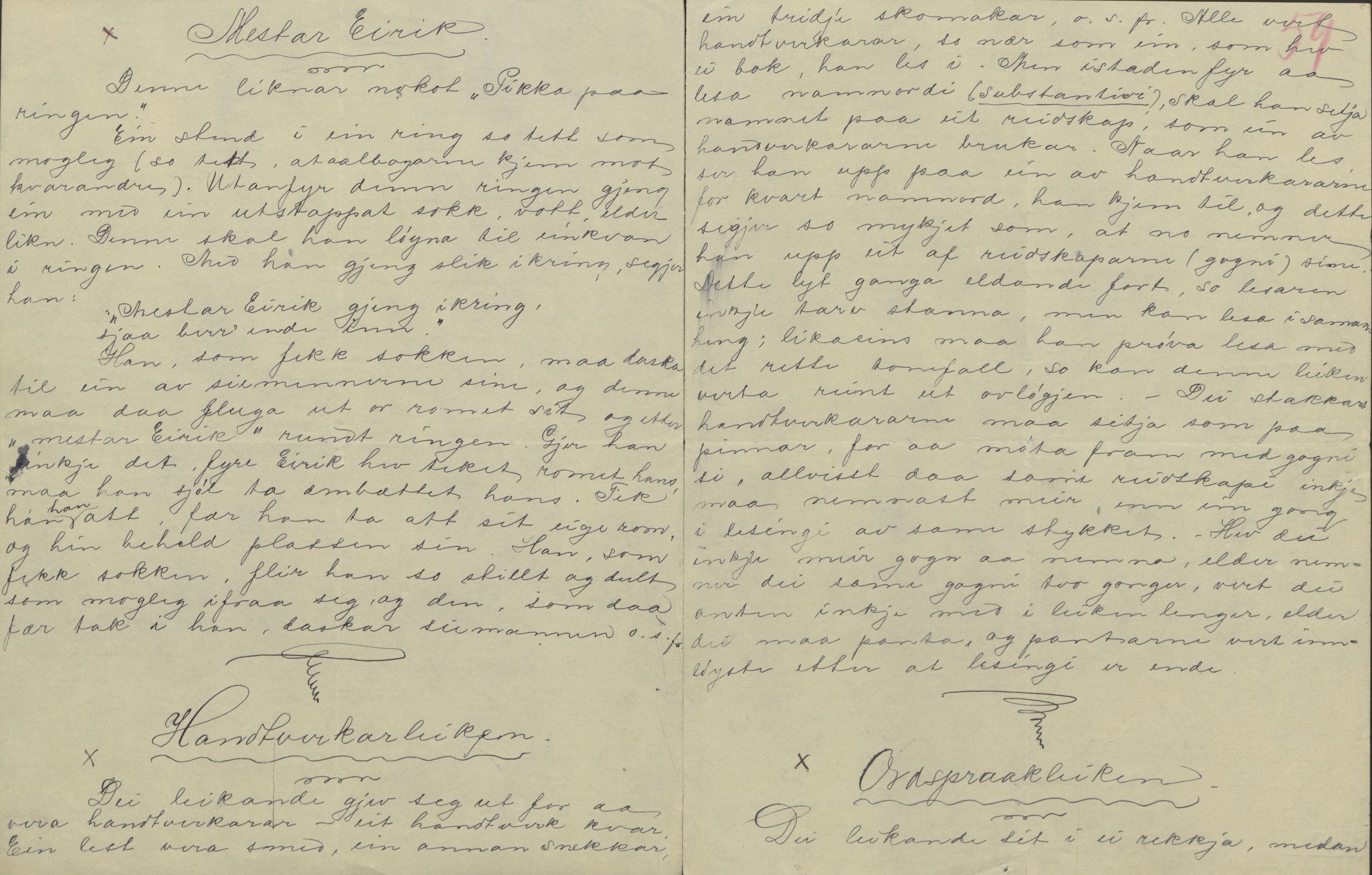 Rikard Berge, TEMU/TGM-A-1003/F/L0004/0053: 101-159 / 157 Manuskript, notatar, brev o.a. Nokre leiker, manuskript, 1906-1908, p. 58-59
