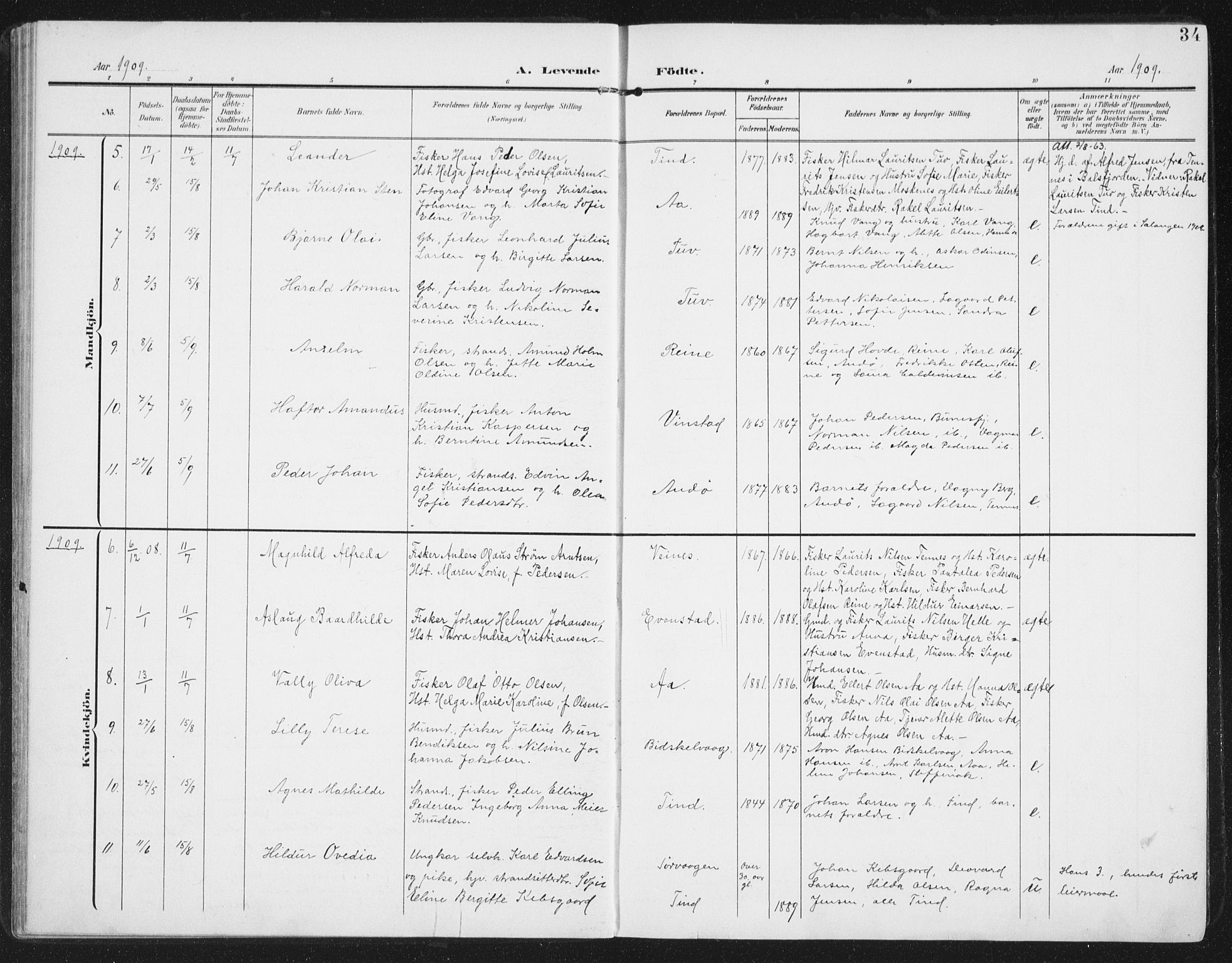 Ministerialprotokoller, klokkerbøker og fødselsregistre - Nordland, AV/SAT-A-1459/886/L1221: Parish register (official) no. 886A03, 1903-1913, p. 34