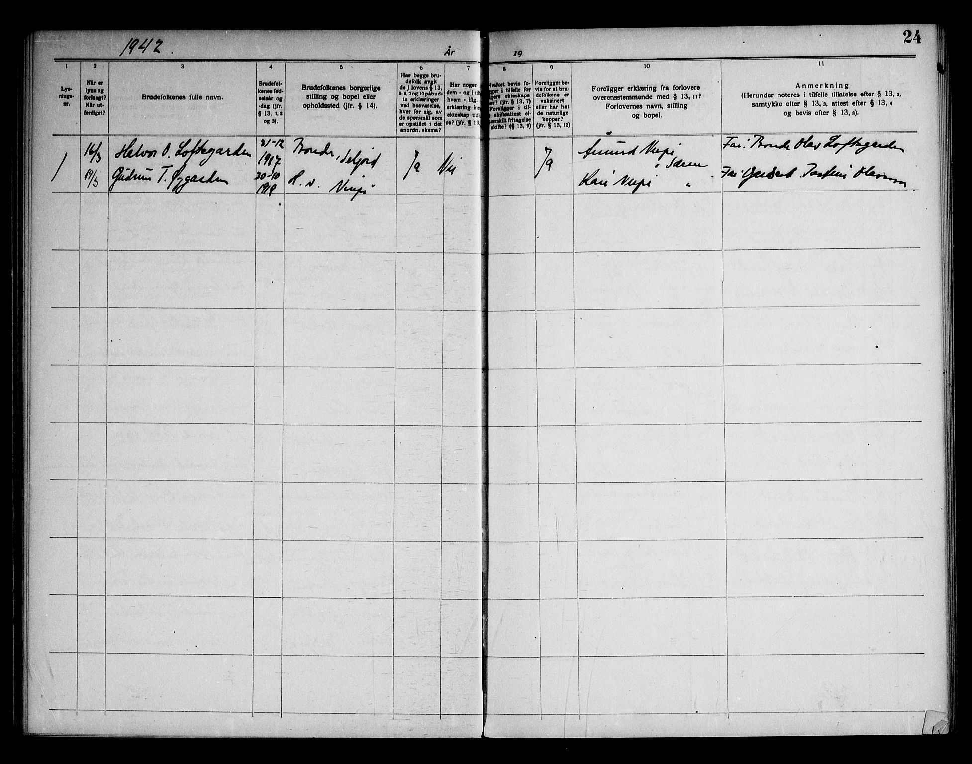 Vinje kirkebøker, AV/SAKO-A-312/H/Ha/L0001: Banns register no. 1, 1919-1969, p. 24