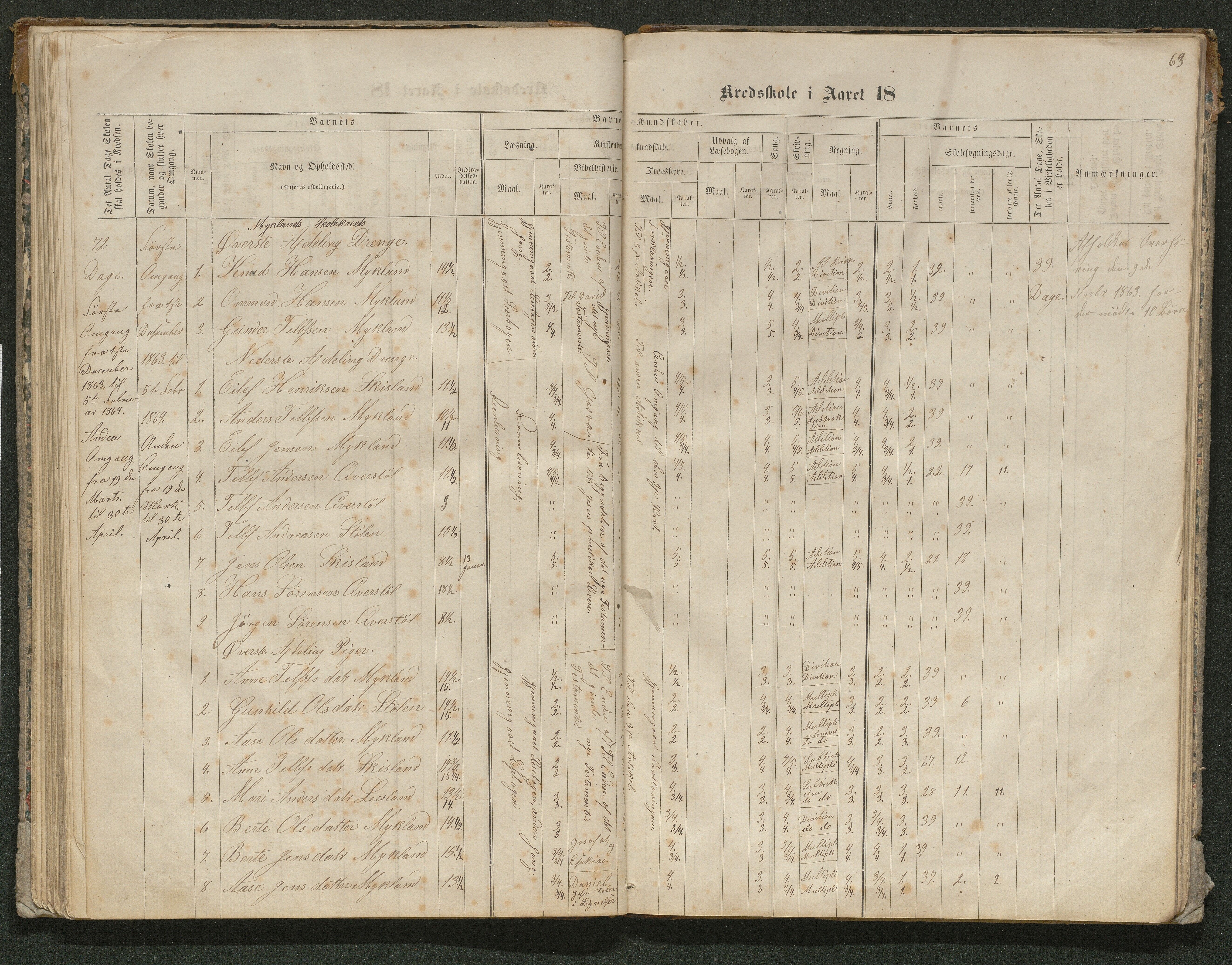 Iveland kommune, De enkelte kretsene/Skolene, AAKS/KA0935-550/A_10/L0005: Skoleprotokoll for Frøyså og Mykland krets, 1864-1881, p. 63