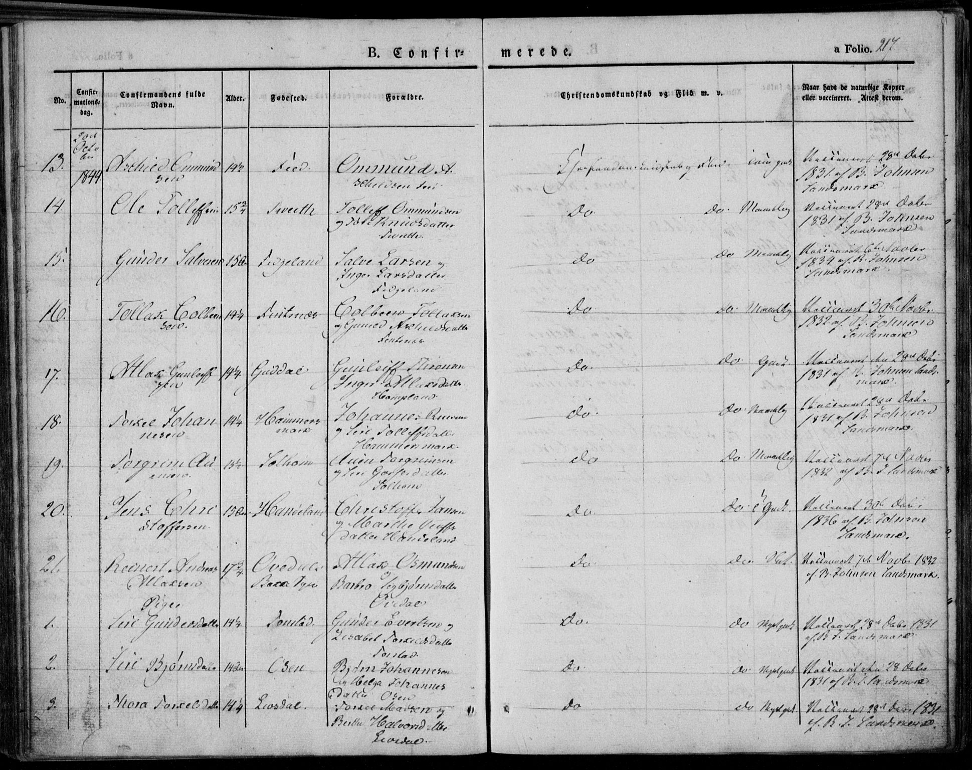 Bakke sokneprestkontor, AV/SAK-1111-0002/F/Fa/Faa/L0004: Parish register (official) no. A 4, 1834-1846, p. 217