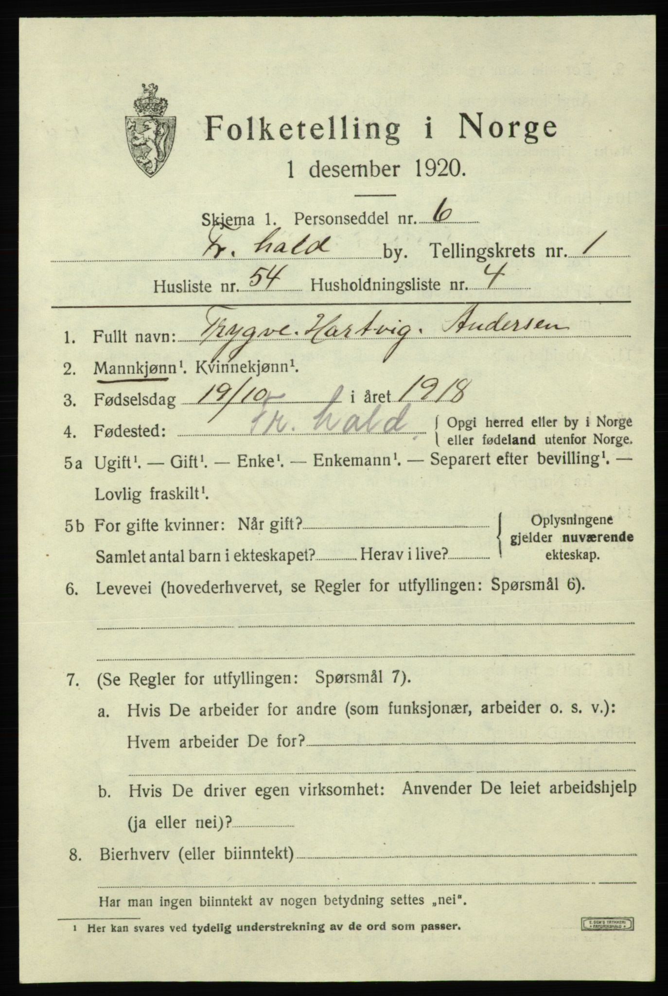 SAO, 1920 census for Fredrikshald, 1920, p. 9133