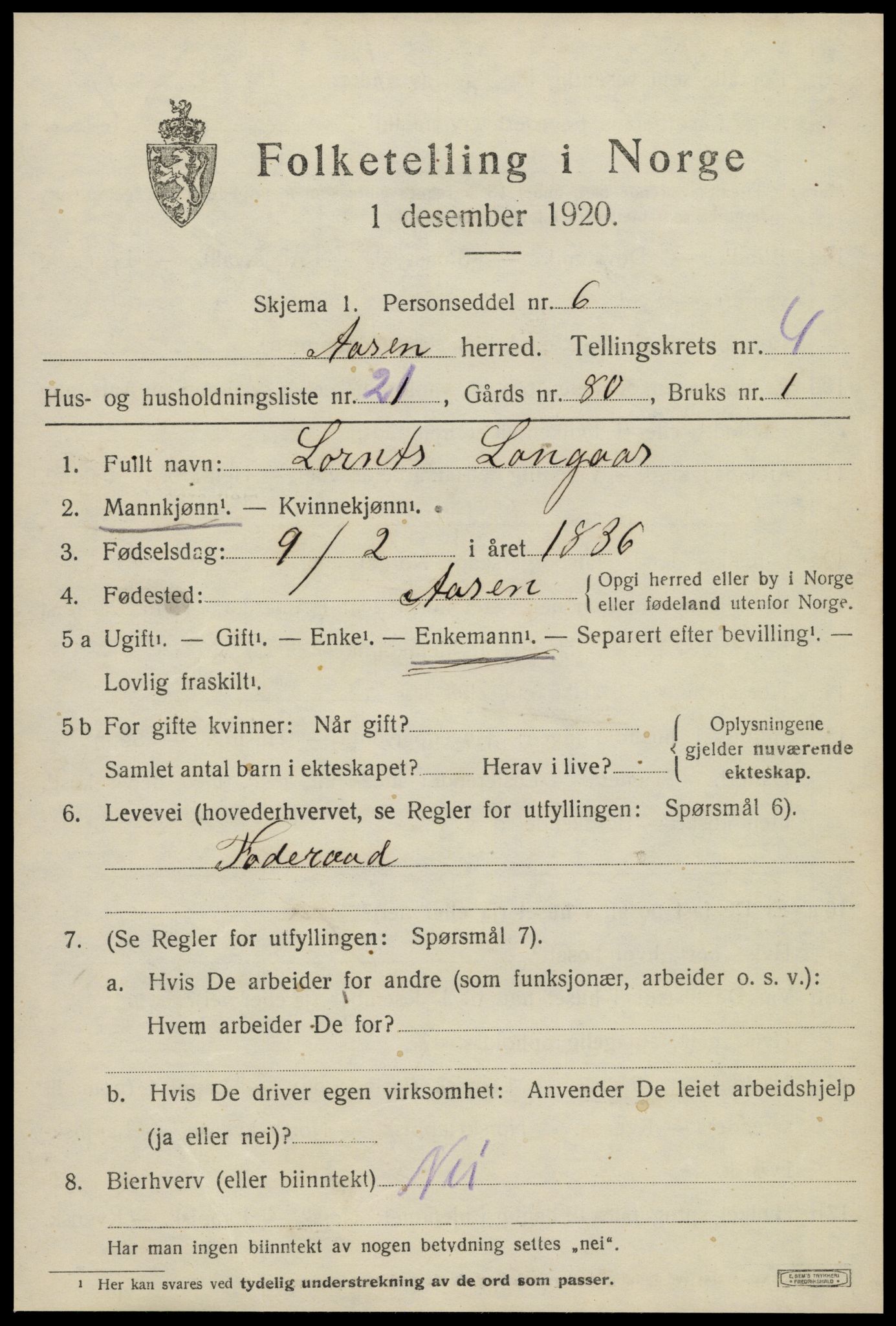 SAT, 1920 census for Åsen, 1920, p. 3372