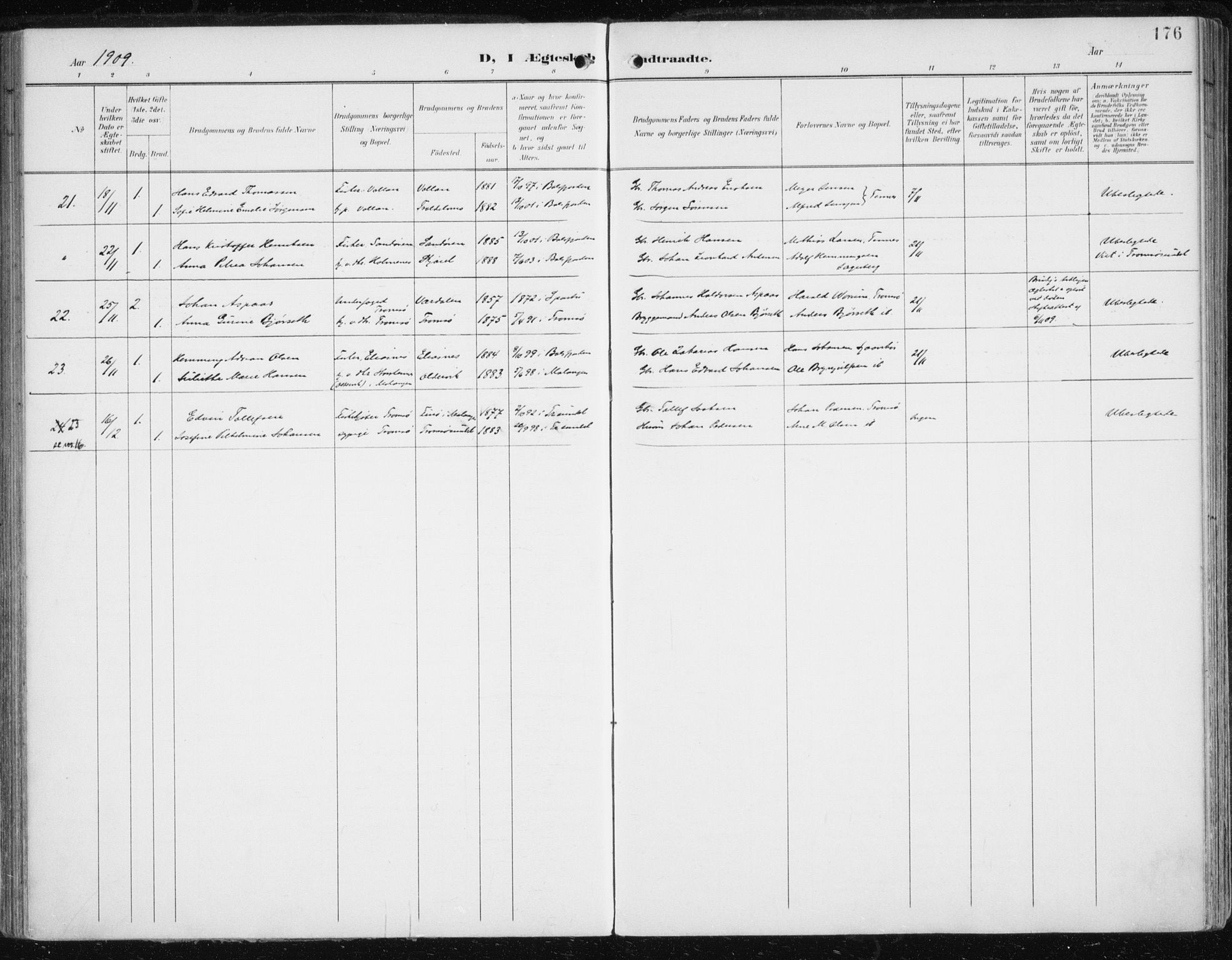 Balsfjord sokneprestembete, AV/SATØ-S-1303/G/Ga/L0006kirke: Parish register (official) no. 6, 1897-1909, p. 176