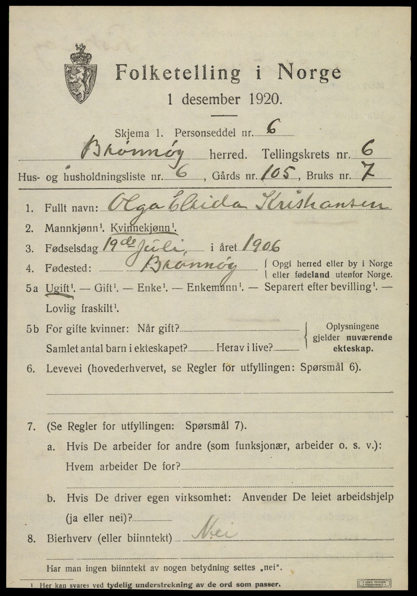 SAT, 1920 census for Brønnøy, 1920, p. 4378