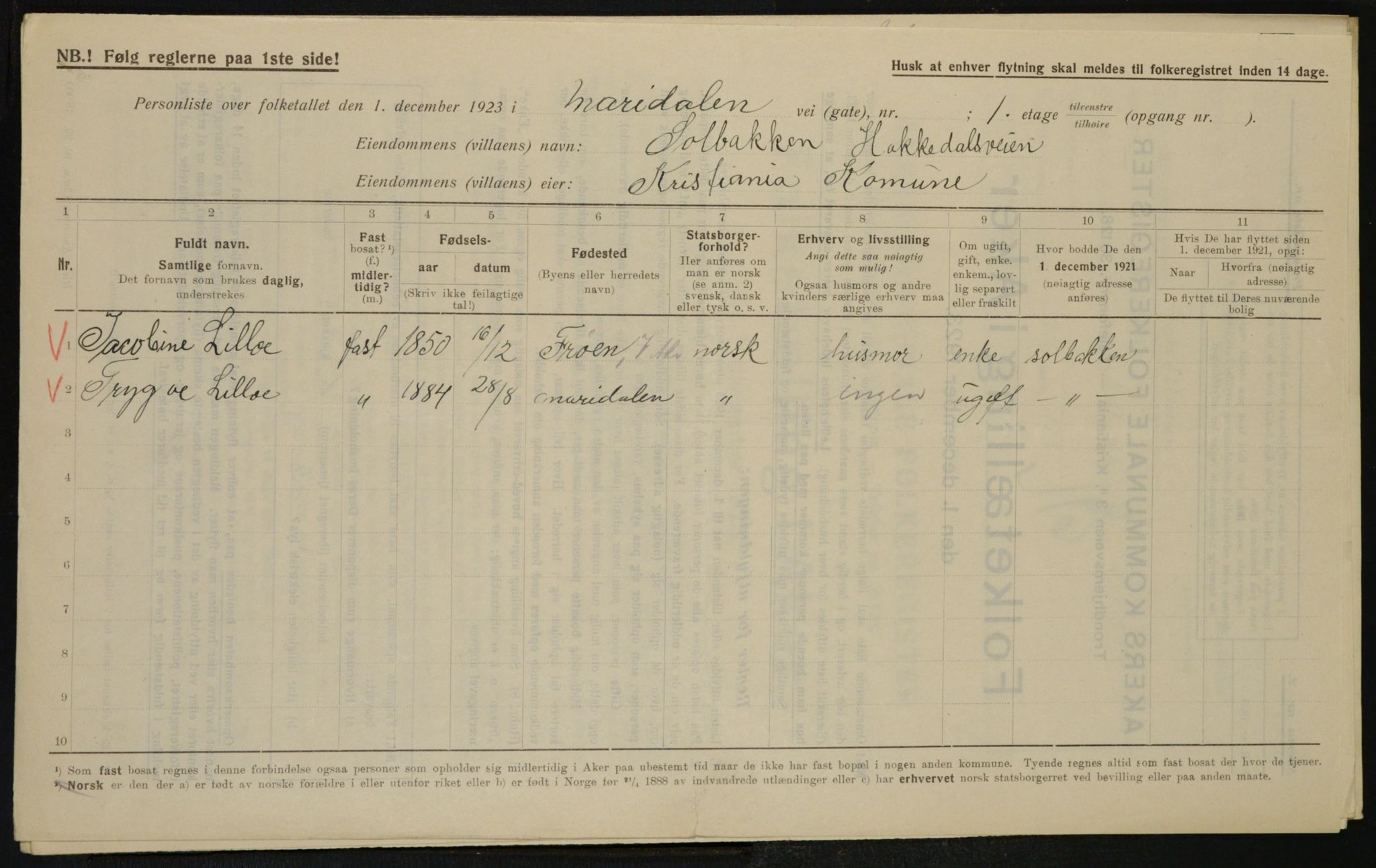 , Municipal Census 1923 for Aker, 1923, p. 10999