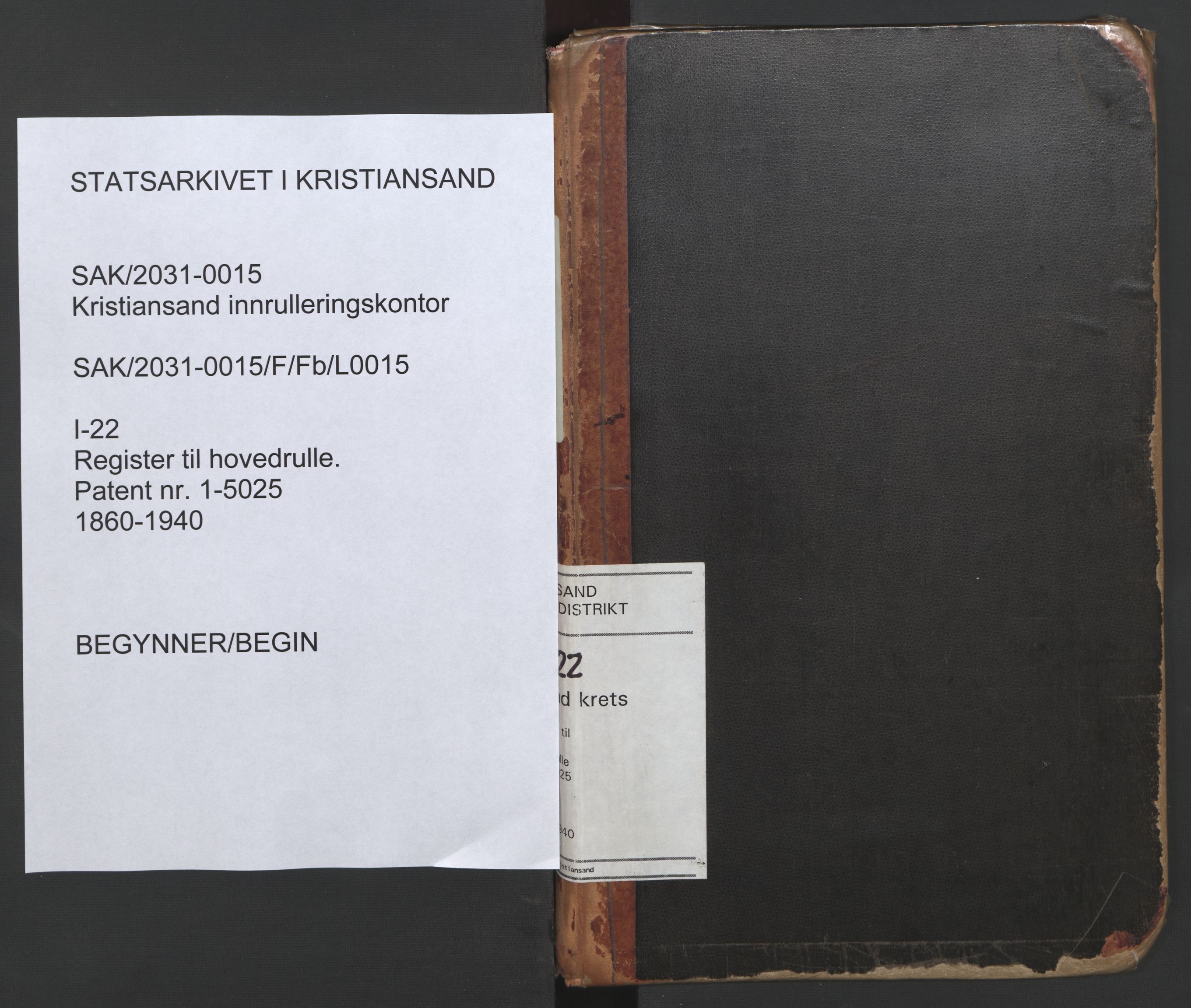 Kristiansand mønstringskrets, SAK/2031-0015/F/Fb/L0015: Register til hovedrulle nr 1-5025, I-22, 1860-1940, p. 1
