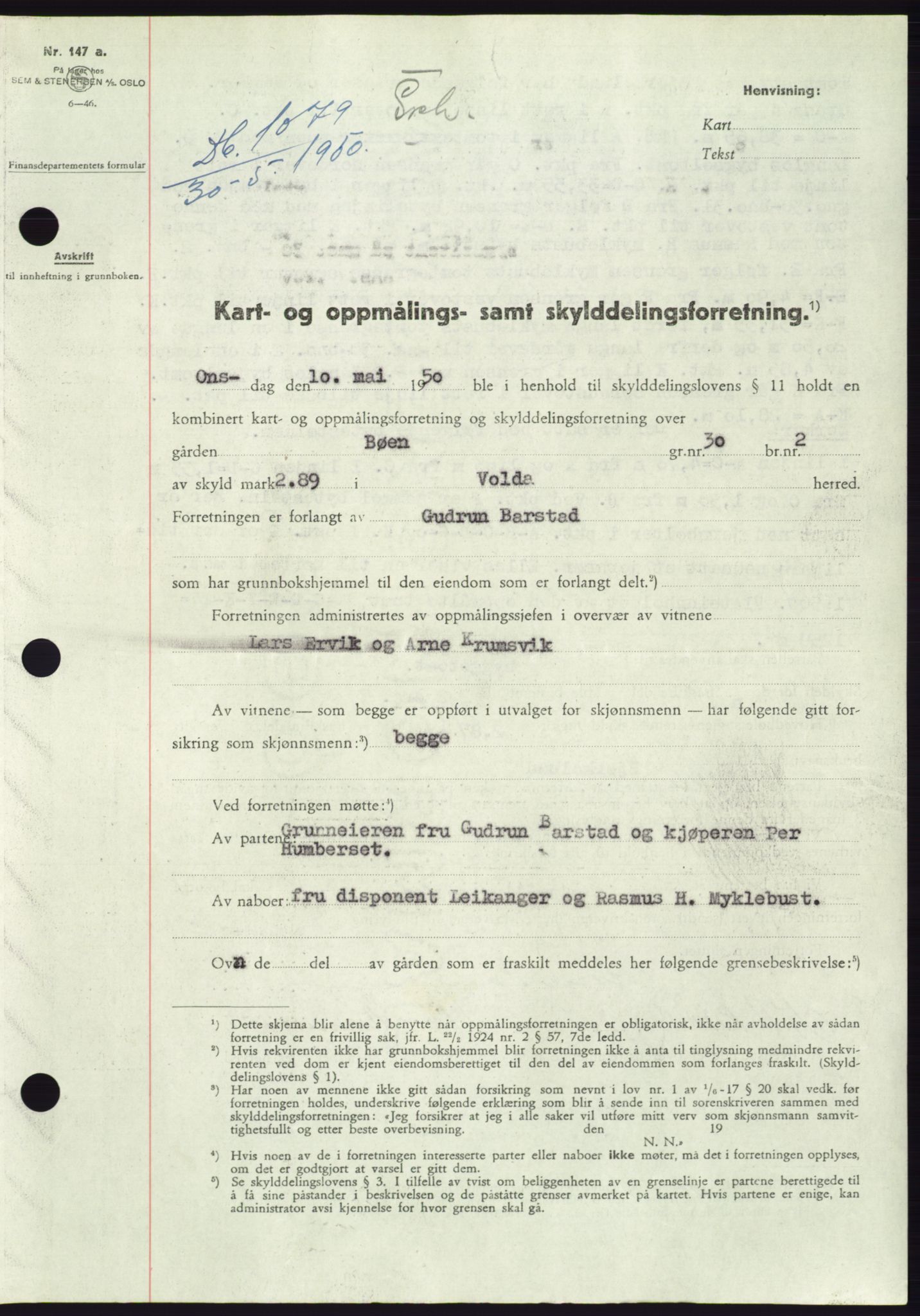 Søre Sunnmøre sorenskriveri, AV/SAT-A-4122/1/2/2C/L0087: Mortgage book no. 13A, 1950-1950, Diary no: : 1079/1950