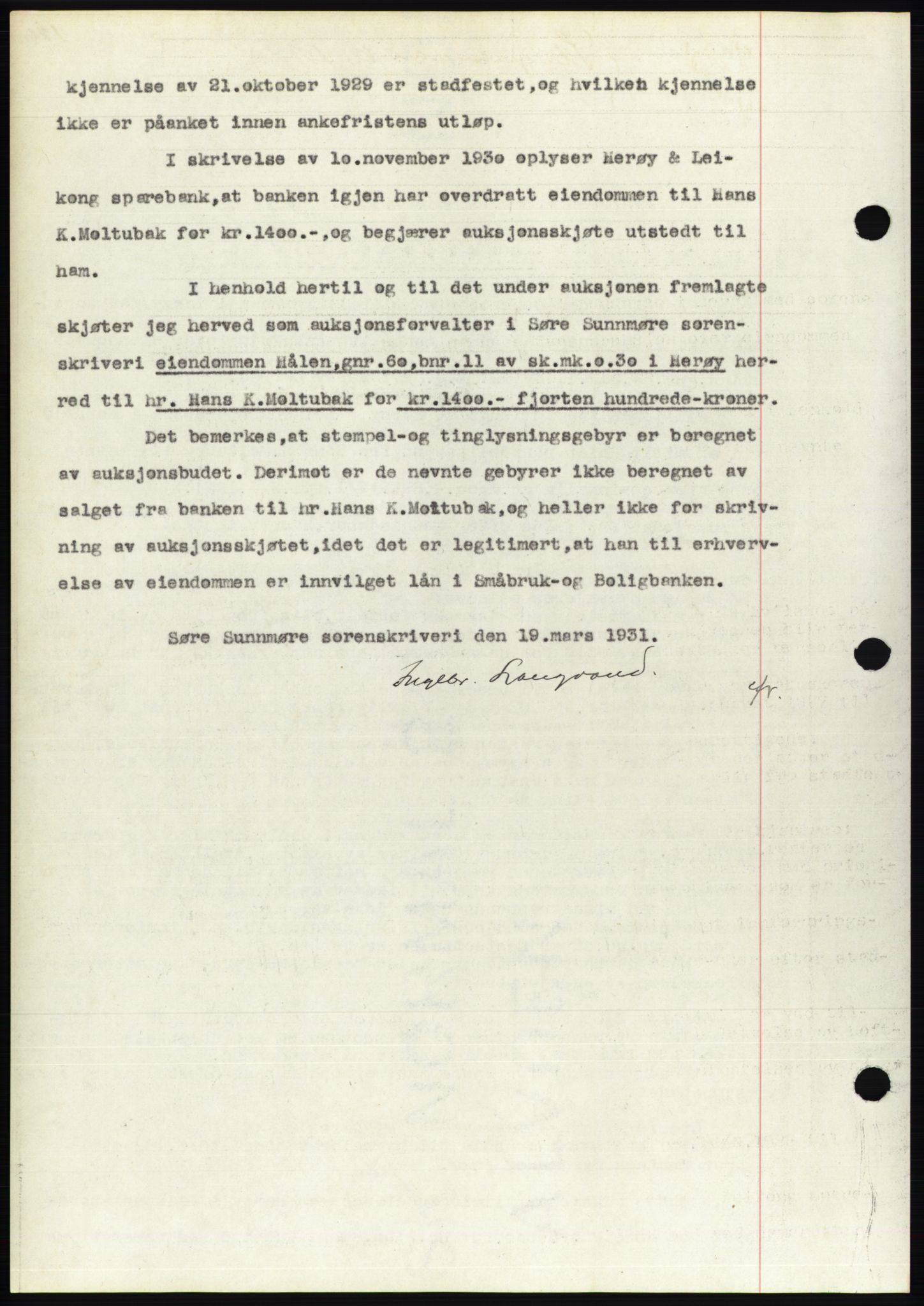 Søre Sunnmøre sorenskriveri, AV/SAT-A-4122/1/2/2C/L0052: Mortgage book no. 46, 1931-1931, Deed date: 21.03.1931