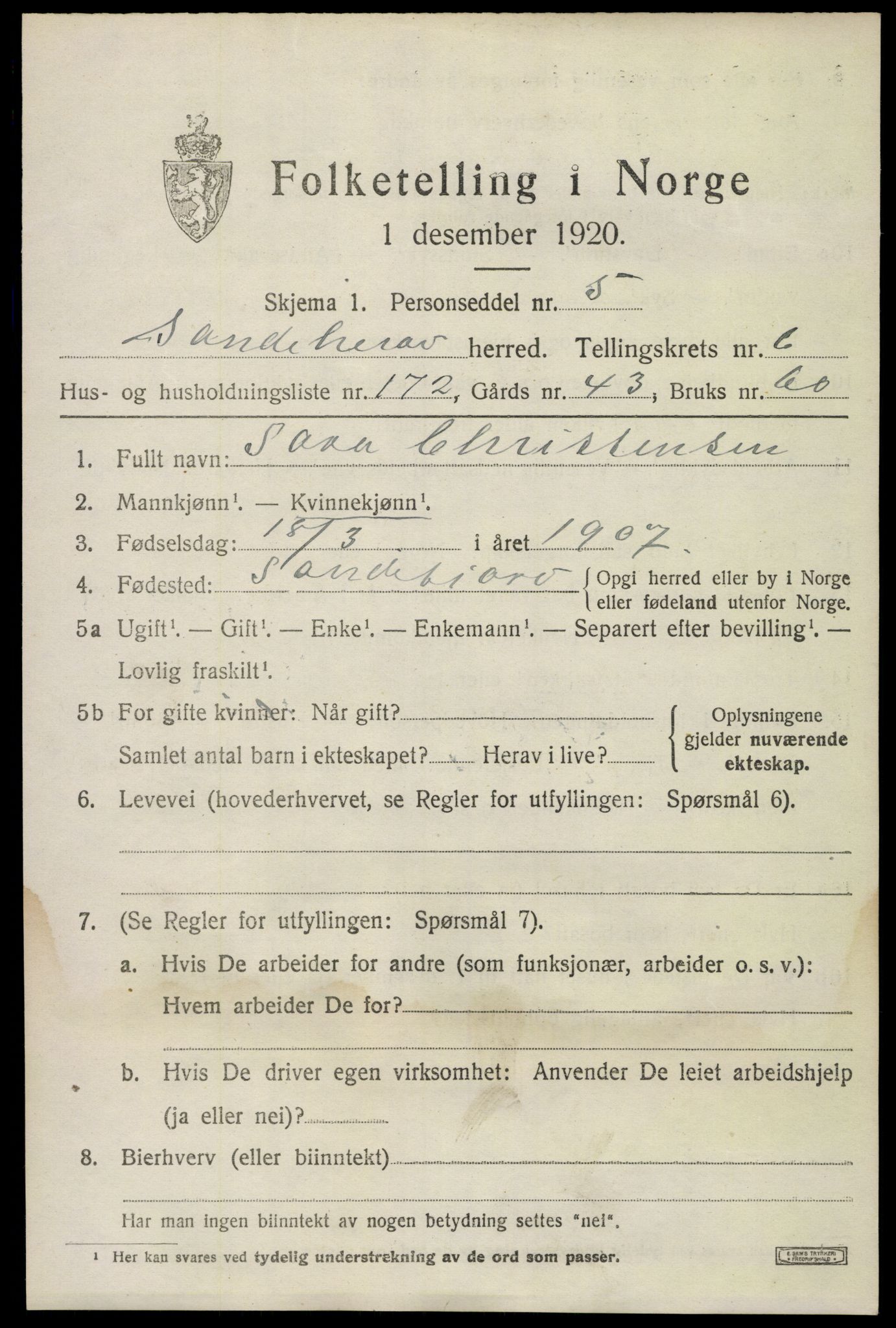 SAKO, 1920 census for Sandeherred, 1920, p. 11912