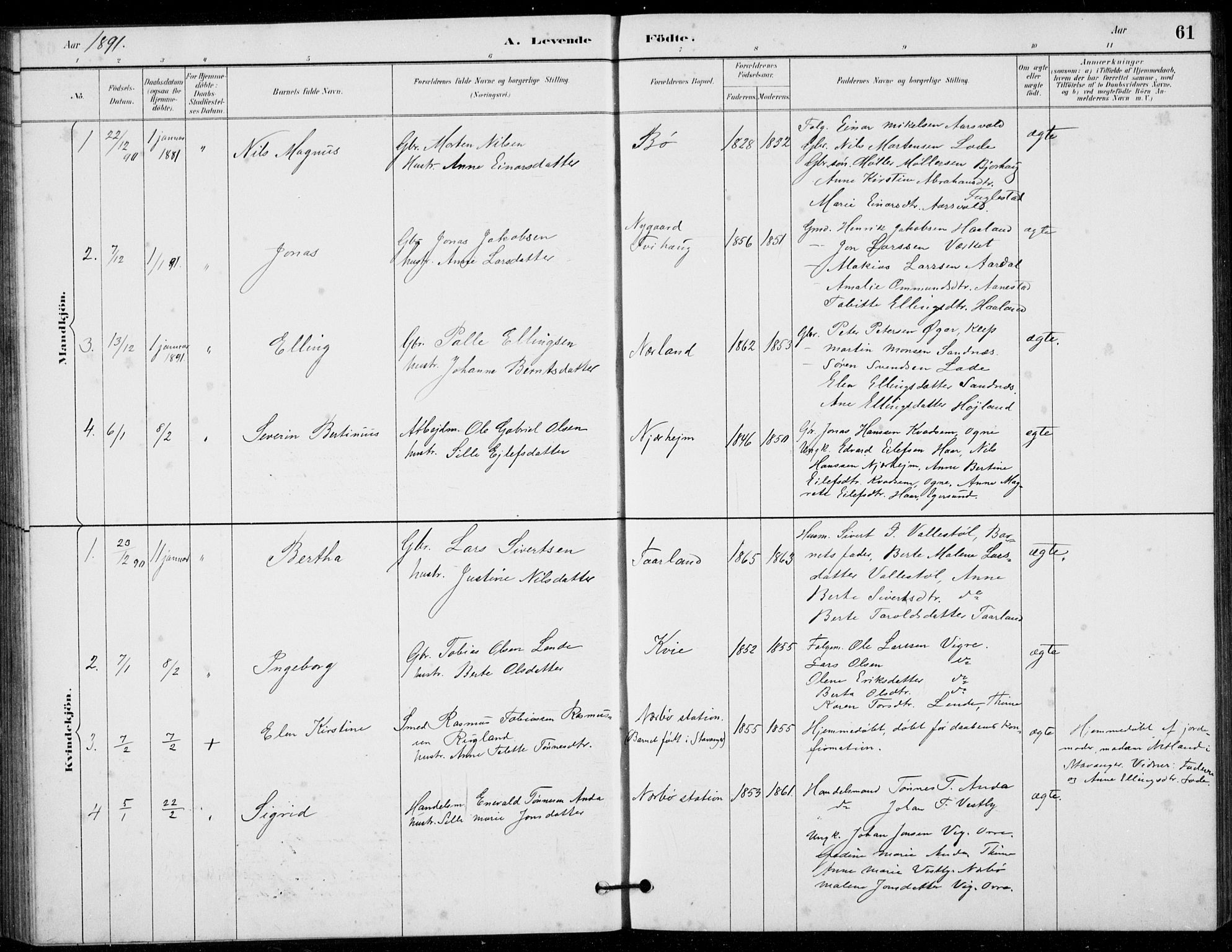 Hå sokneprestkontor, AV/SAST-A-101801/001/30BB/L0003: Parish register (copy) no. B 3, 1883-1894, p. 61