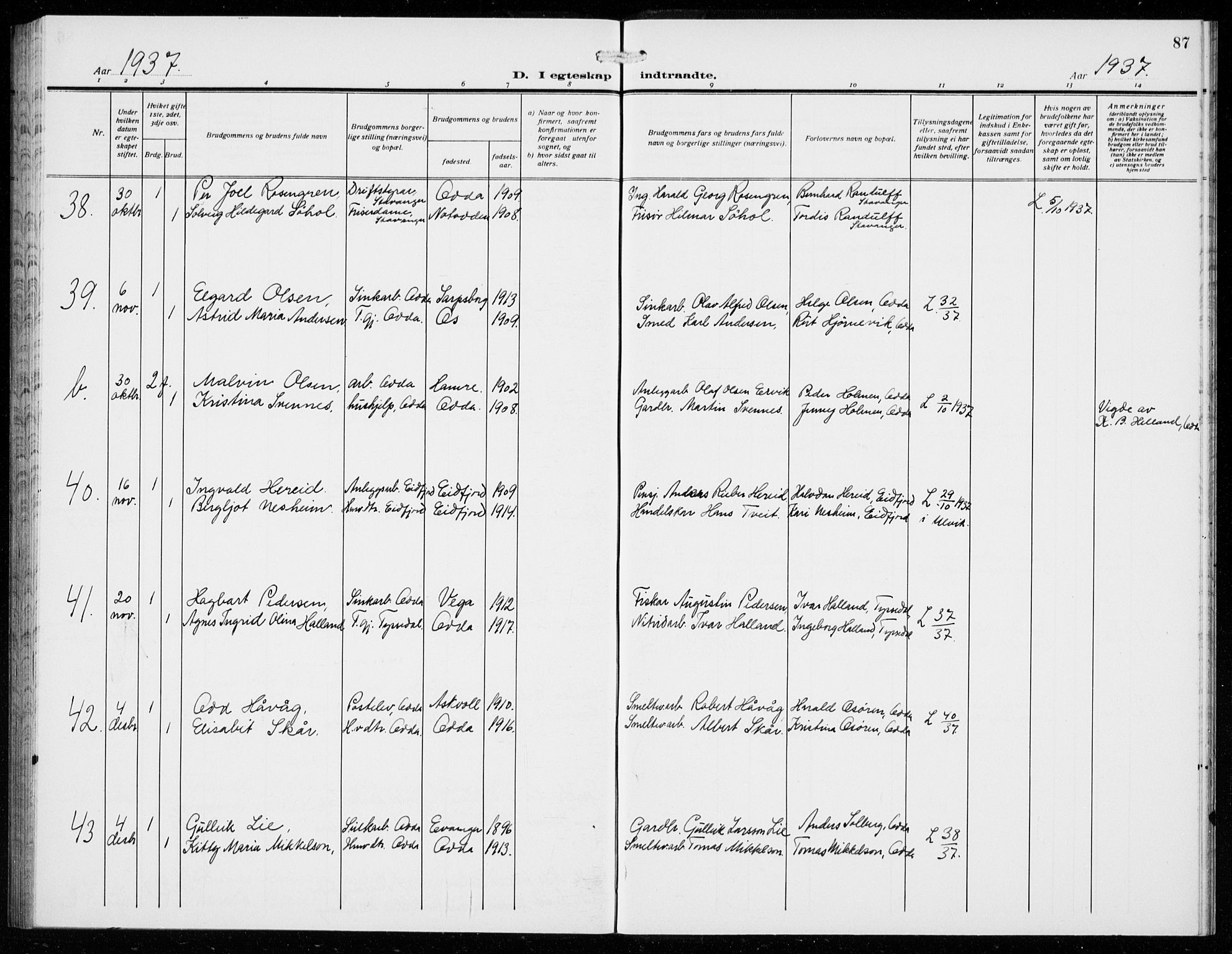 Odda Sokneprestembete, AV/SAB-A-77201/H/Hab: Parish register (copy) no. D 2, 1915-1940, p. 87