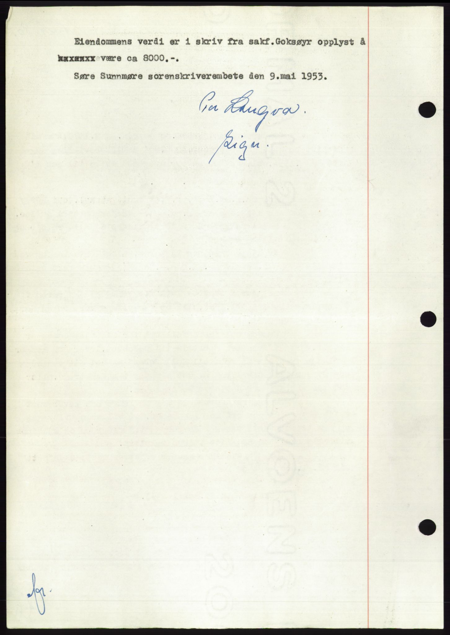 Søre Sunnmøre sorenskriveri, AV/SAT-A-4122/1/2/2C/L0094: Mortgage book no. 20A, 1953-1953, Diary no: : 1040/1953