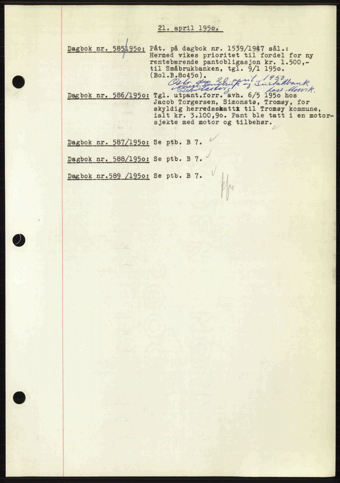 Nedenes sorenskriveri, SAK/1221-0006/G/Gb/Gba/L0062: Mortgage book no. A14, 1949-1950, Diary no: : 585/1950