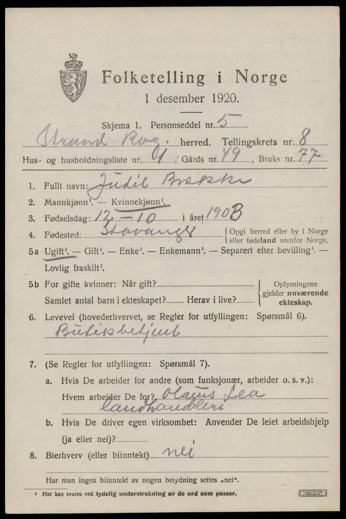 SAST, 1920 census for Strand, 1920, p. 4942