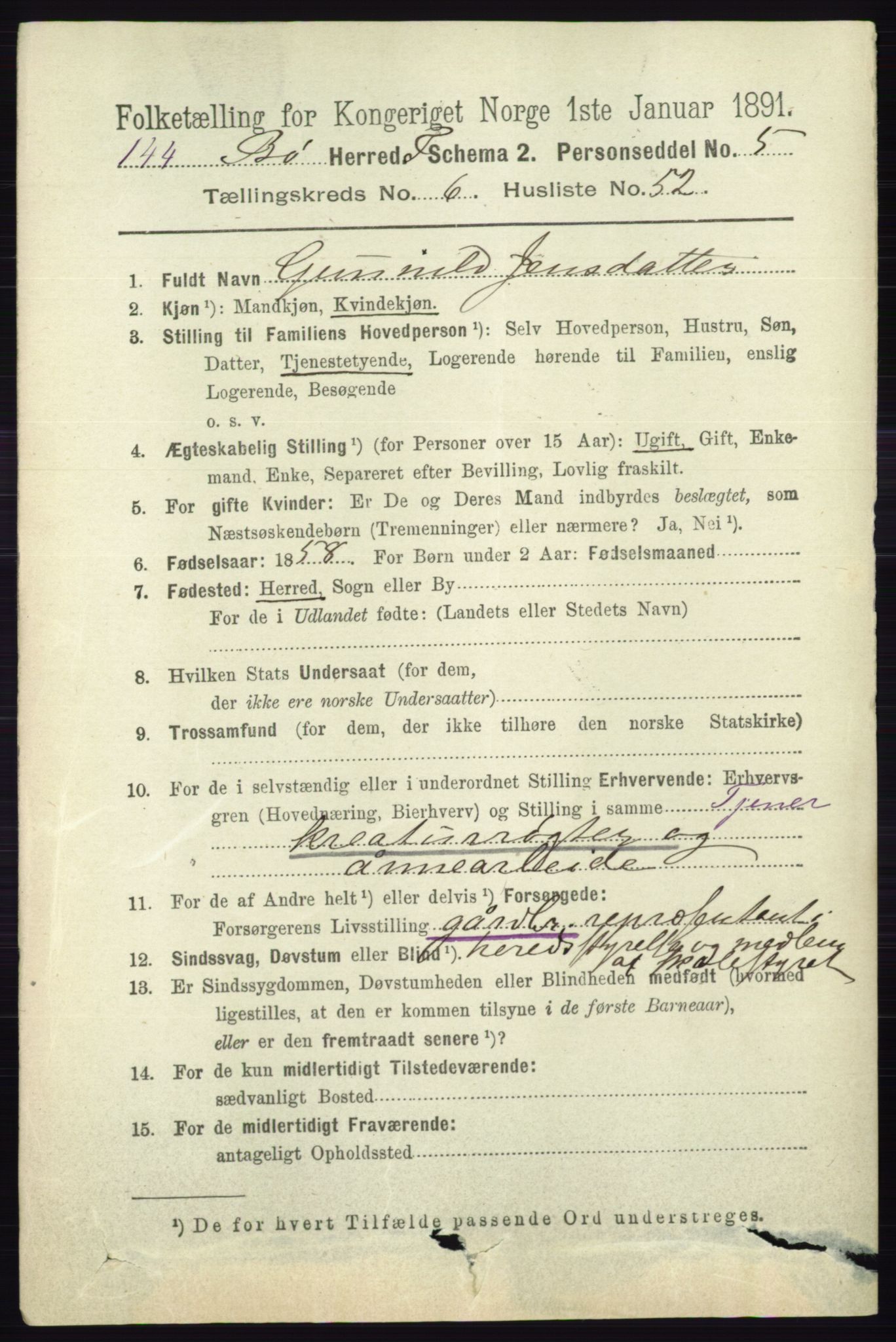 RA, 1891 census for 0821 Bø, 1891, p. 2140