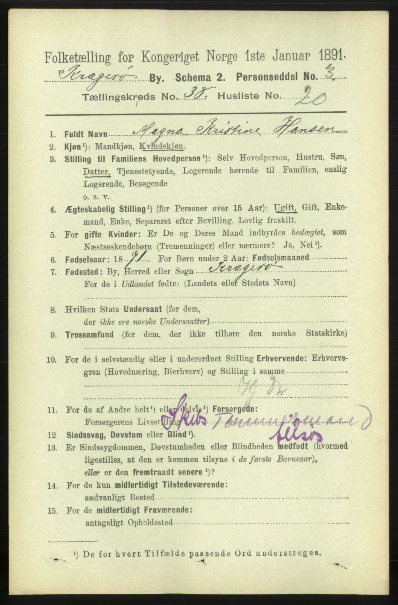 RA, 1891 census for 0801 Kragerø, 1891, p. 7269