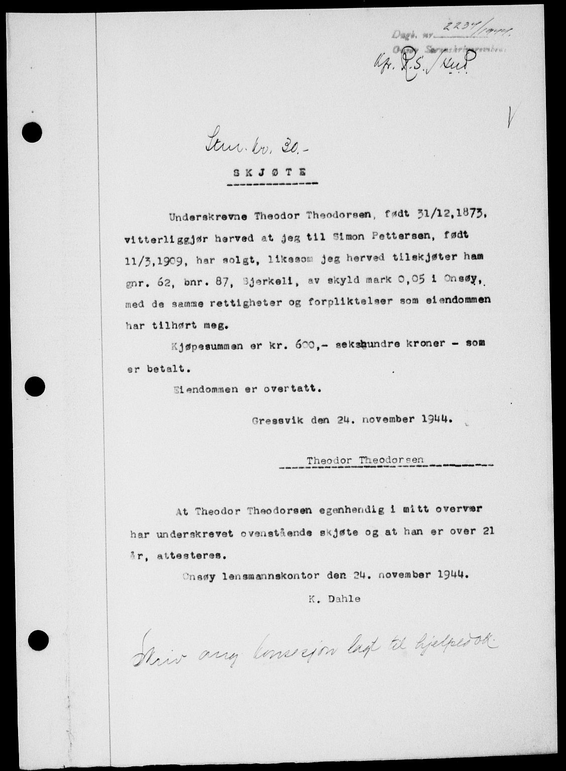 Onsøy sorenskriveri, SAO/A-10474/G/Ga/Gab/L0014: Mortgage book no. II A-14, 1944-1945, Diary no: : 2234/1944