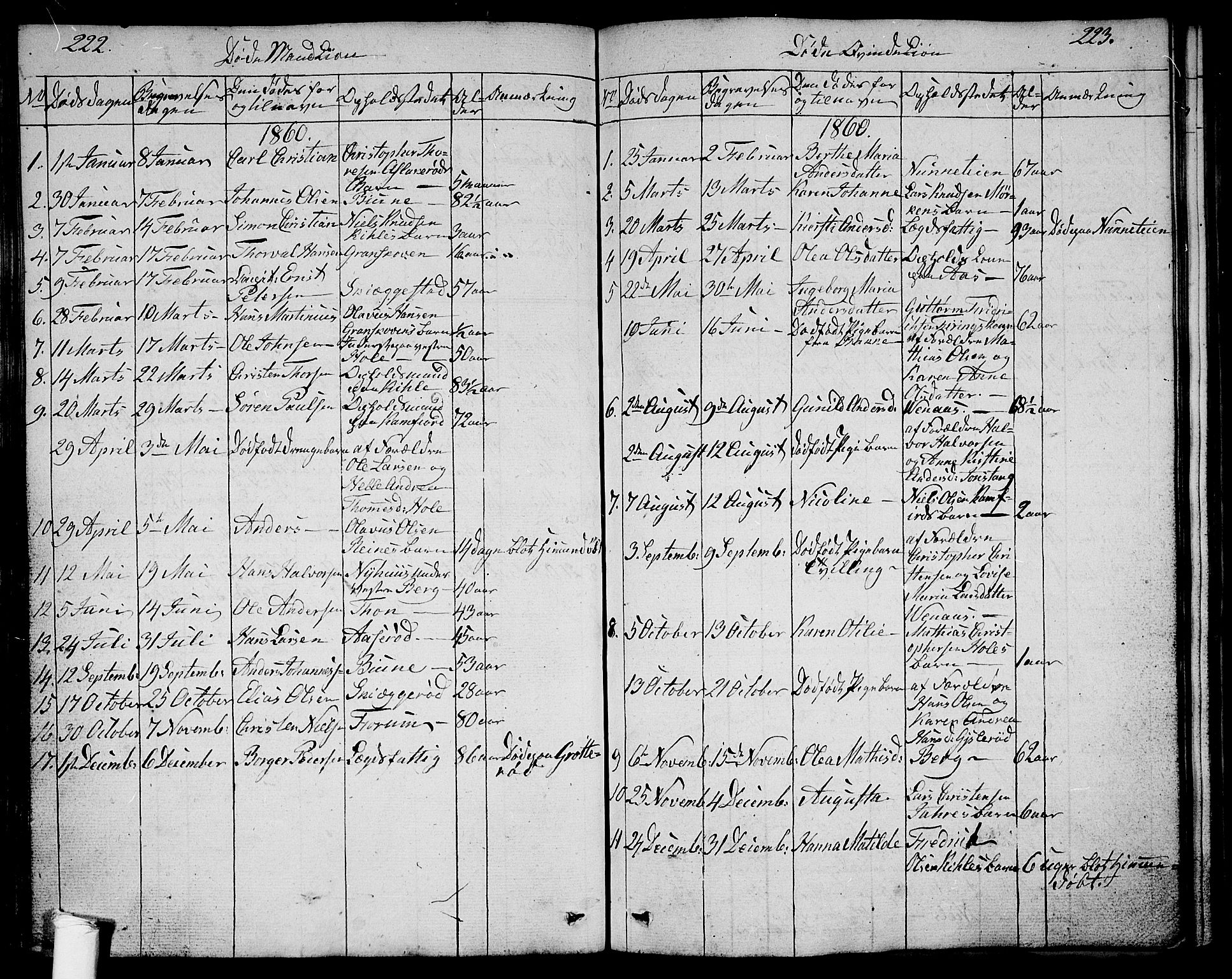 Ramnes kirkebøker, SAKO/A-314/G/Ga/L0002: Parish register (copy) no. I 2, 1848-1870, p. 222-223