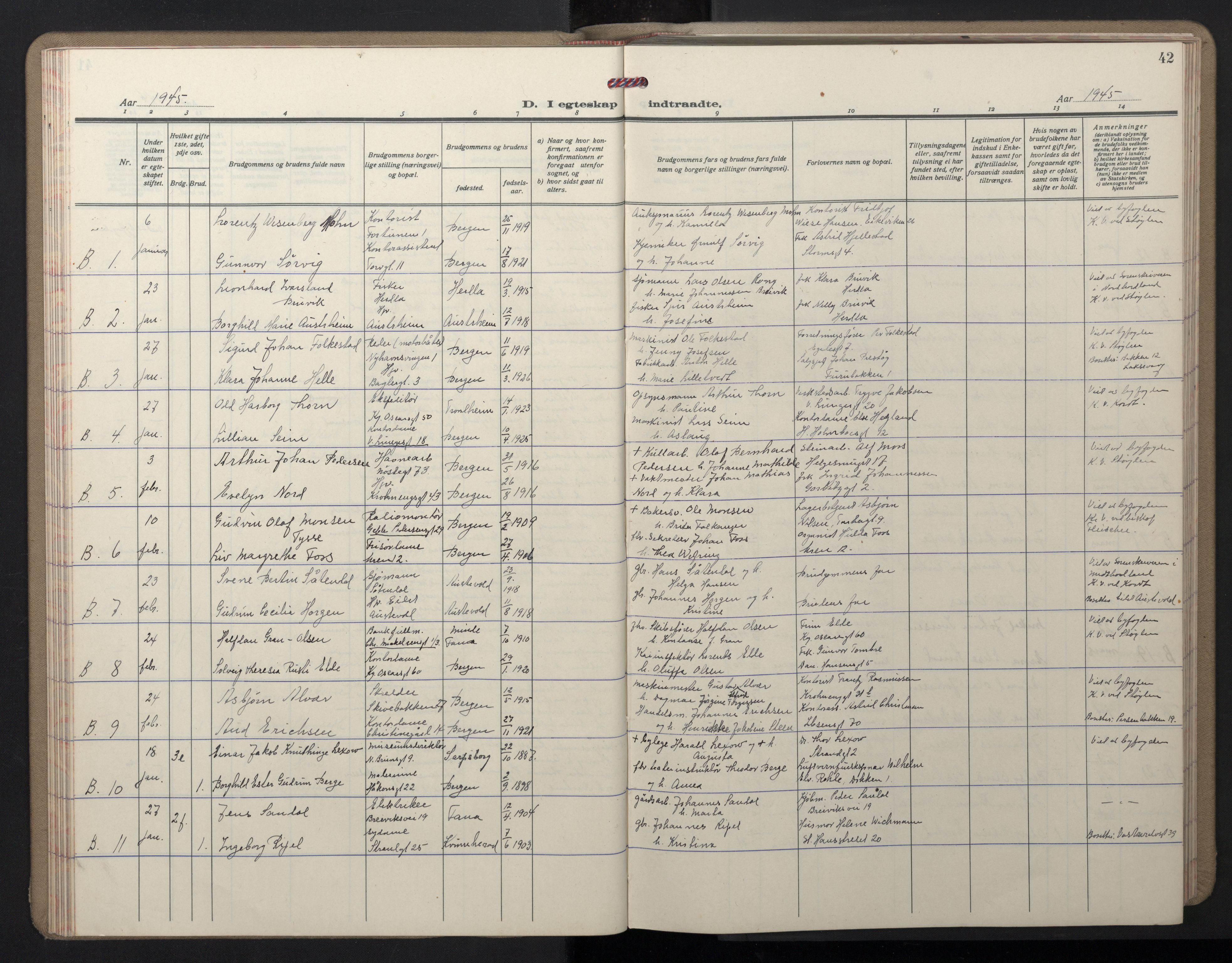 Domkirken sokneprestembete, SAB/A-74801/H/Hab/L0035: Parish register (copy) no. D 7, 1941-1953, p. 42