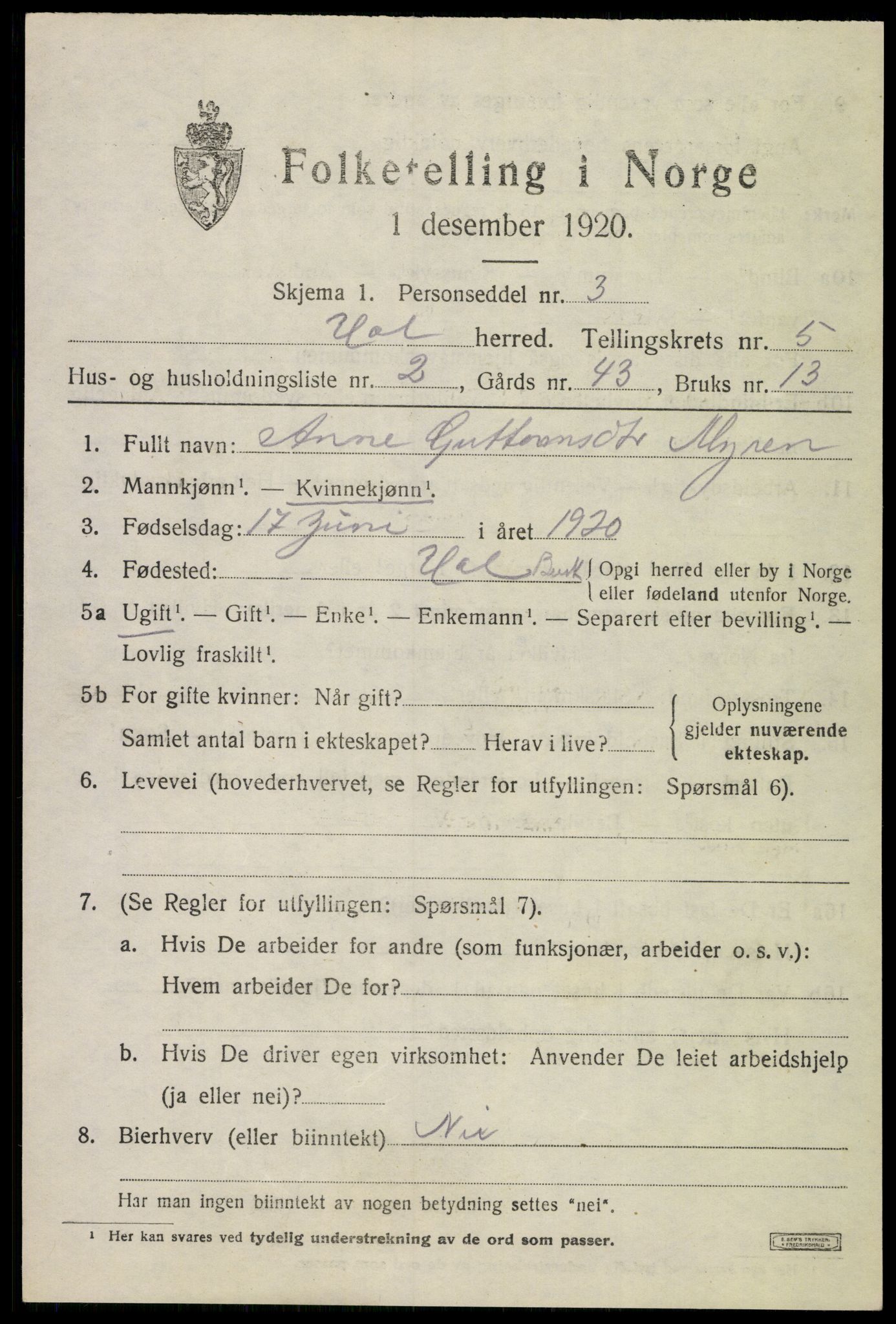 SAKO, 1920 census for Hol (Buskerud), 1920, p. 2797