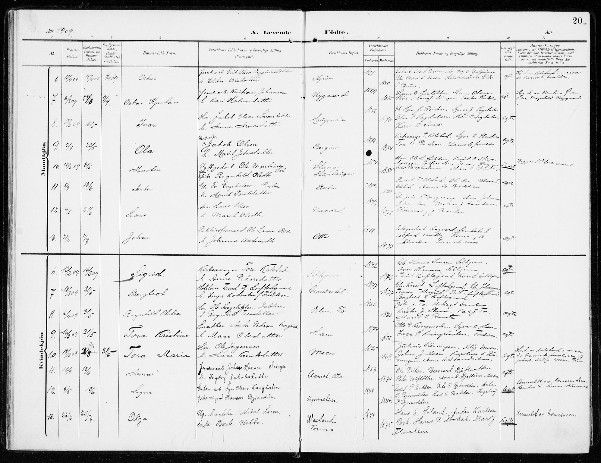 Sel prestekontor, AV/SAH-PREST-074/H/Ha/Haa/L0002: Parish register (official) no. 2, 1905-1919, p. 20