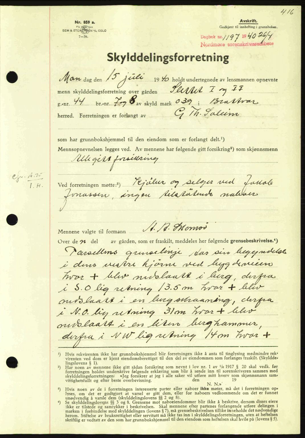 Nordmøre sorenskriveri, AV/SAT-A-4132/1/2/2Ca: Mortgage book no. A88, 1940-1940, Diary no: : 1197/1940