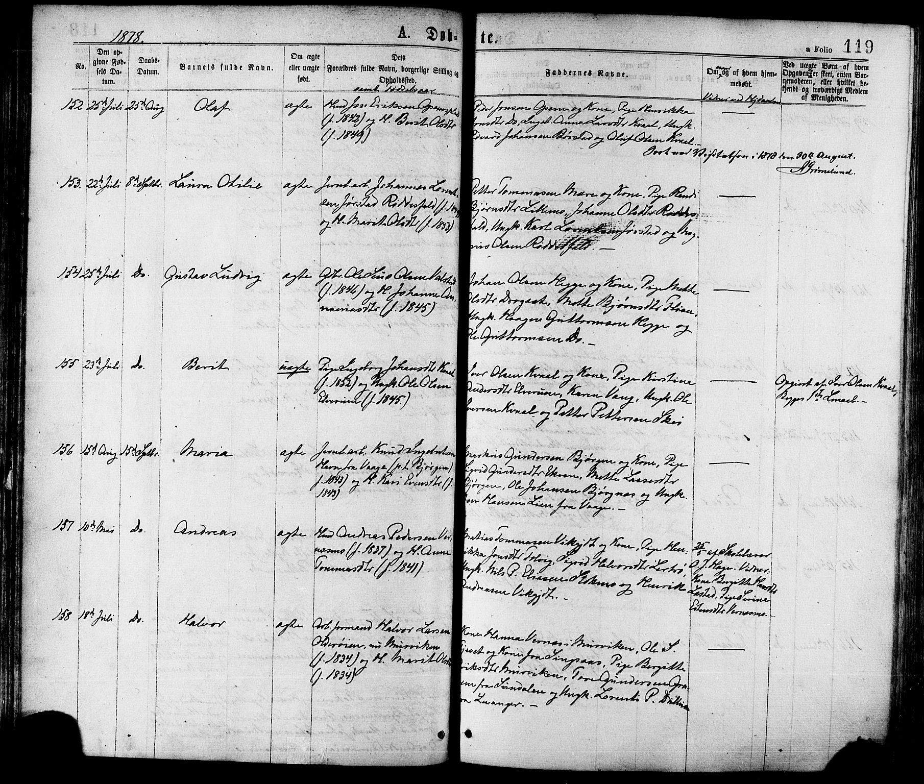 Ministerialprotokoller, klokkerbøker og fødselsregistre - Nord-Trøndelag, AV/SAT-A-1458/709/L0076: Parish register (official) no. 709A16, 1871-1879, p. 119